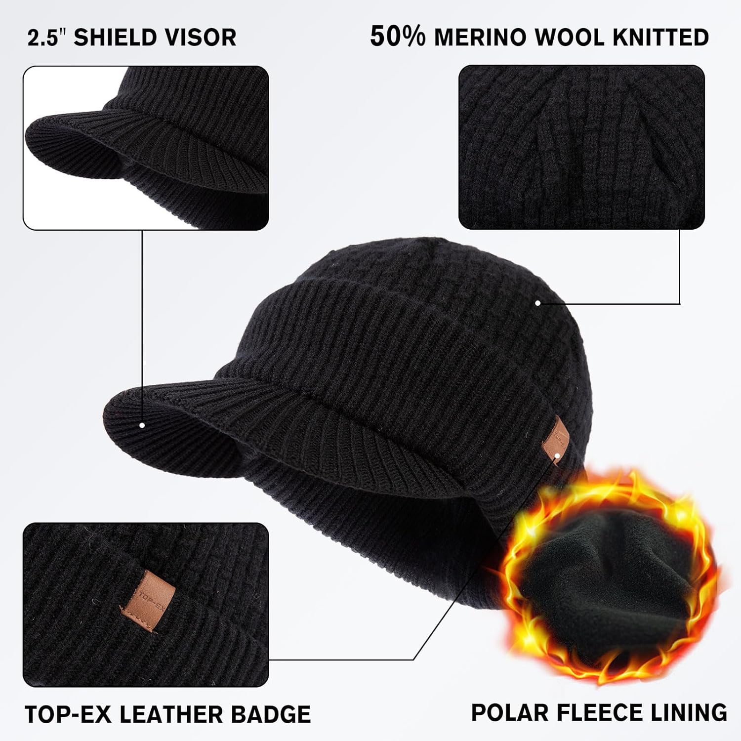 TOP-EX PolarWool™ 50% Merino Wool Winter Hat for Men Fleece Lined Visor Beanie with Brim Outdoor Knit Cap for Cold Weather - Image 9