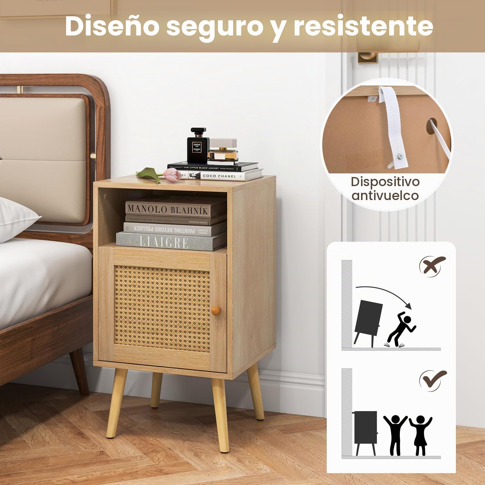 RELAX4LIFE Mesita de noche con armario de puerta y estante abierto, mesita de noche con superficie de ratán y patas de madera, mesa auxiliar para salón, dormitorio, color natural