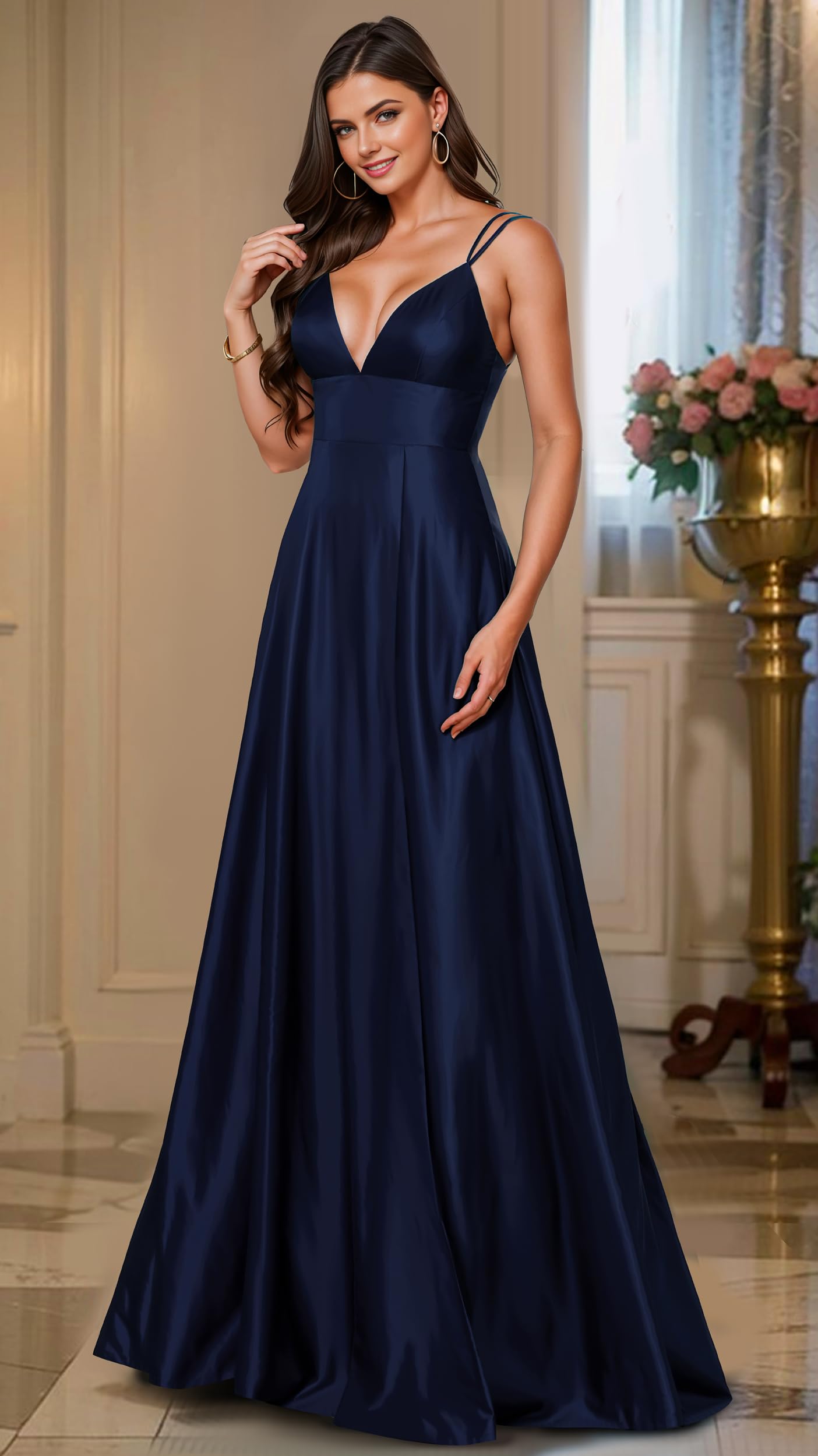 HOMEYEE Vestido de dama de honor largo con cuello en V, elegante, vestido de noche, línea A, vestido de novia, A490