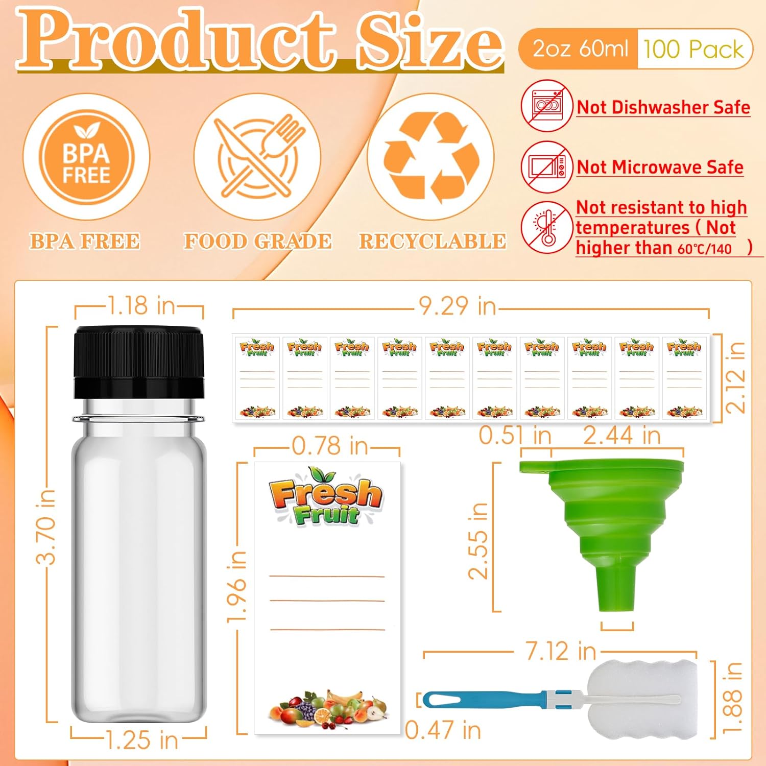 100 Pcs 2 oz Plastic Juice Shot Bottles with Caps, Clear Ginger Shots Bottle with Lids, Small Bottles for Liquids, 2 oz Plastic Reusable Leak Proof Mini Containers for Juice,Milk,Ginger,Whiskey,Water