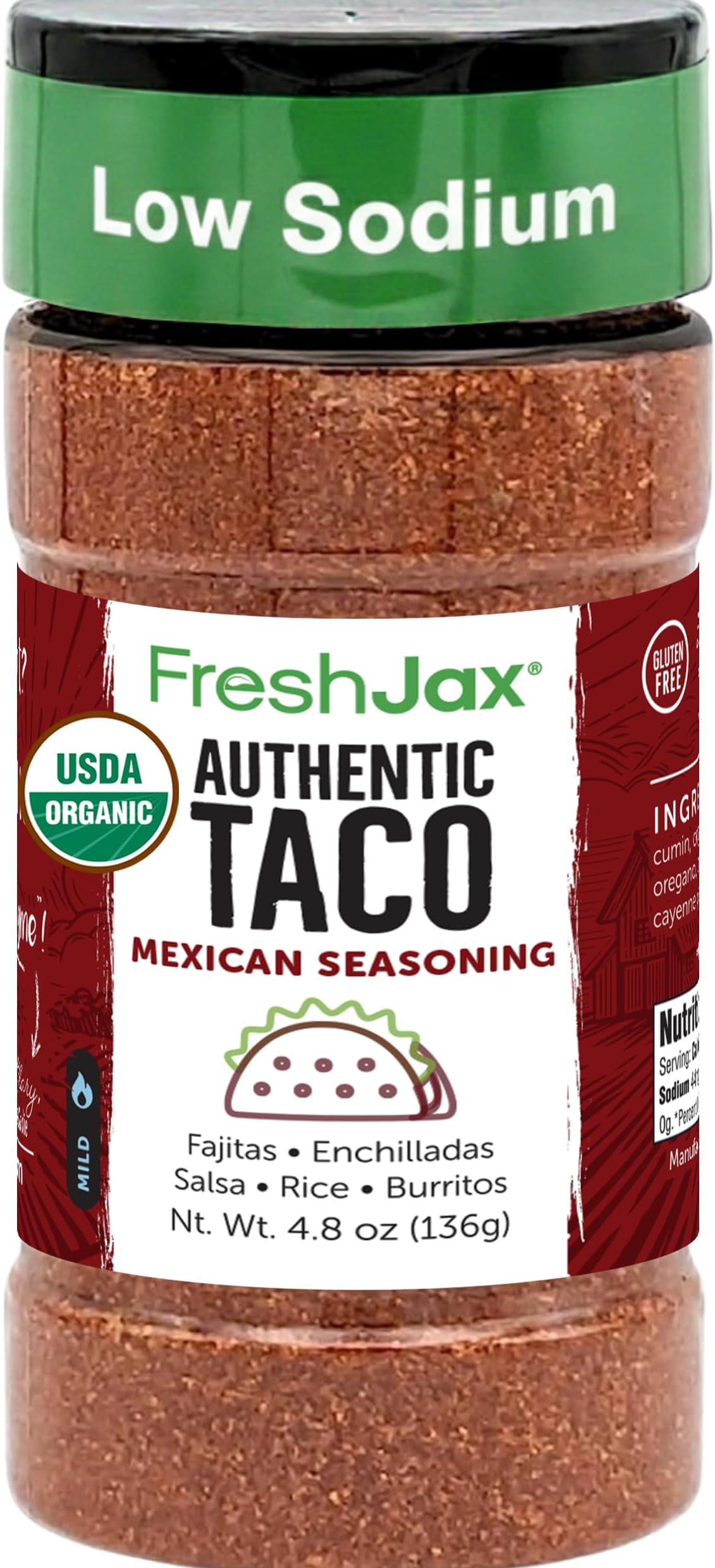 FreshJax Organic Taco Seasoning, 4.8 oz Mexican Blend for Tacos, Chicken, Beef, Steak, Shrimp, Burritos, Quesadillas, Nachos, Fajitas,Meal Prep & Tex-Mex Cooking | Large Bottle โ Made in USA