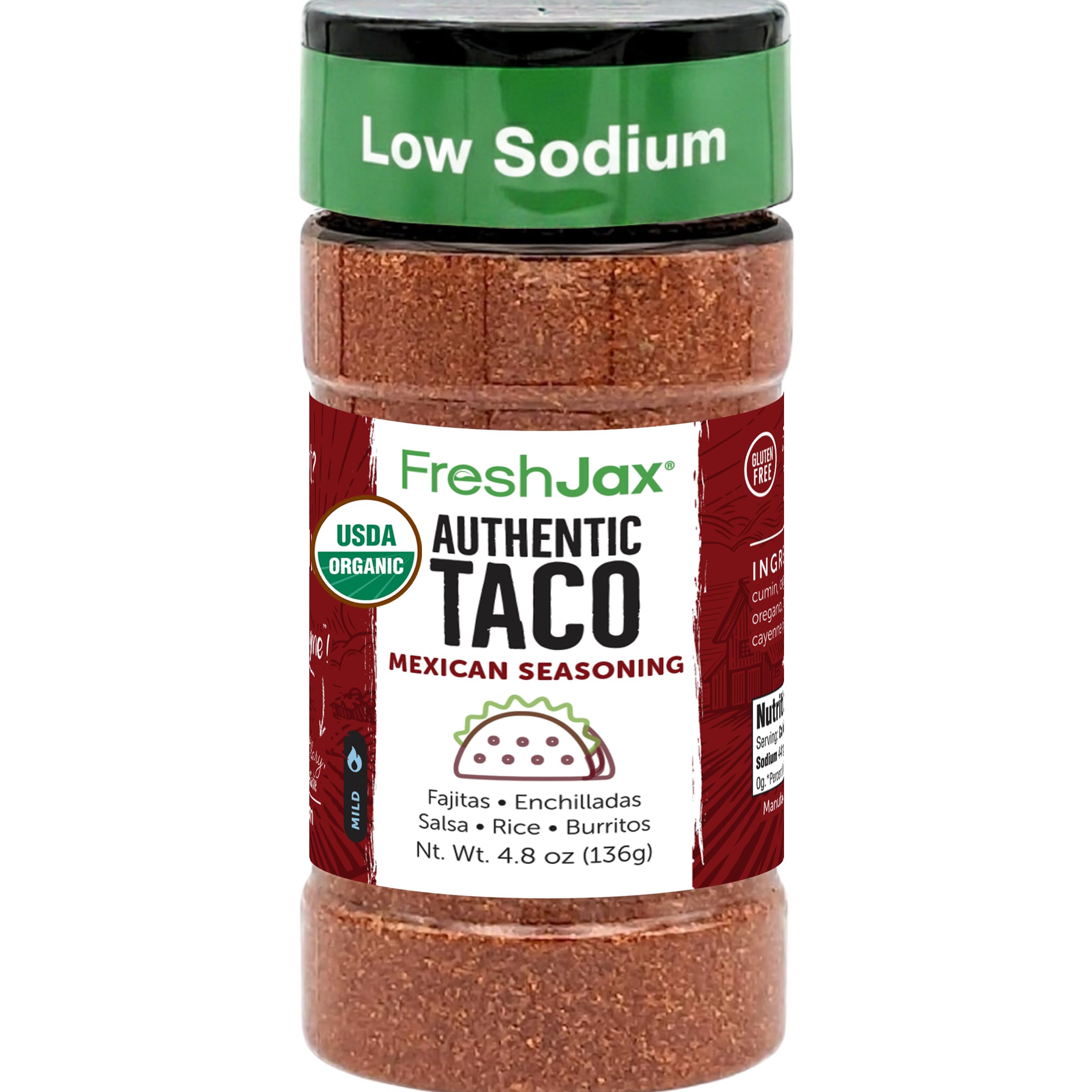 FreshJax Organic Taco Seasoning, 4.8 oz Mexican Blend for Tacos, Chicken, Beef, Steak, Shrimp, Burritos, Quesadillas, Nachos, Fajitas,Meal Prep & Tex-Mex Cooking | Large Bottle – Made in USA
