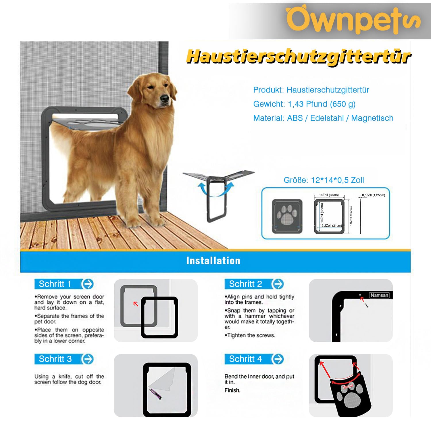 Ownpets Hundeklappe, Magnetische Hundetür mit automatische verschließbare Fliegengitter, Haustierklappe Schwarz, für Hunde & Katze, Innenmaße 36x30,5x1,25, Groß