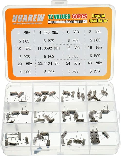 HUAREW 12 Values 60 Pcs Crystal Oscillator 4 4.096 6 8 10 11.0592 12 16 20 22.1184 24 48 MHz Quartz Crystal Resonators Assortment Kit