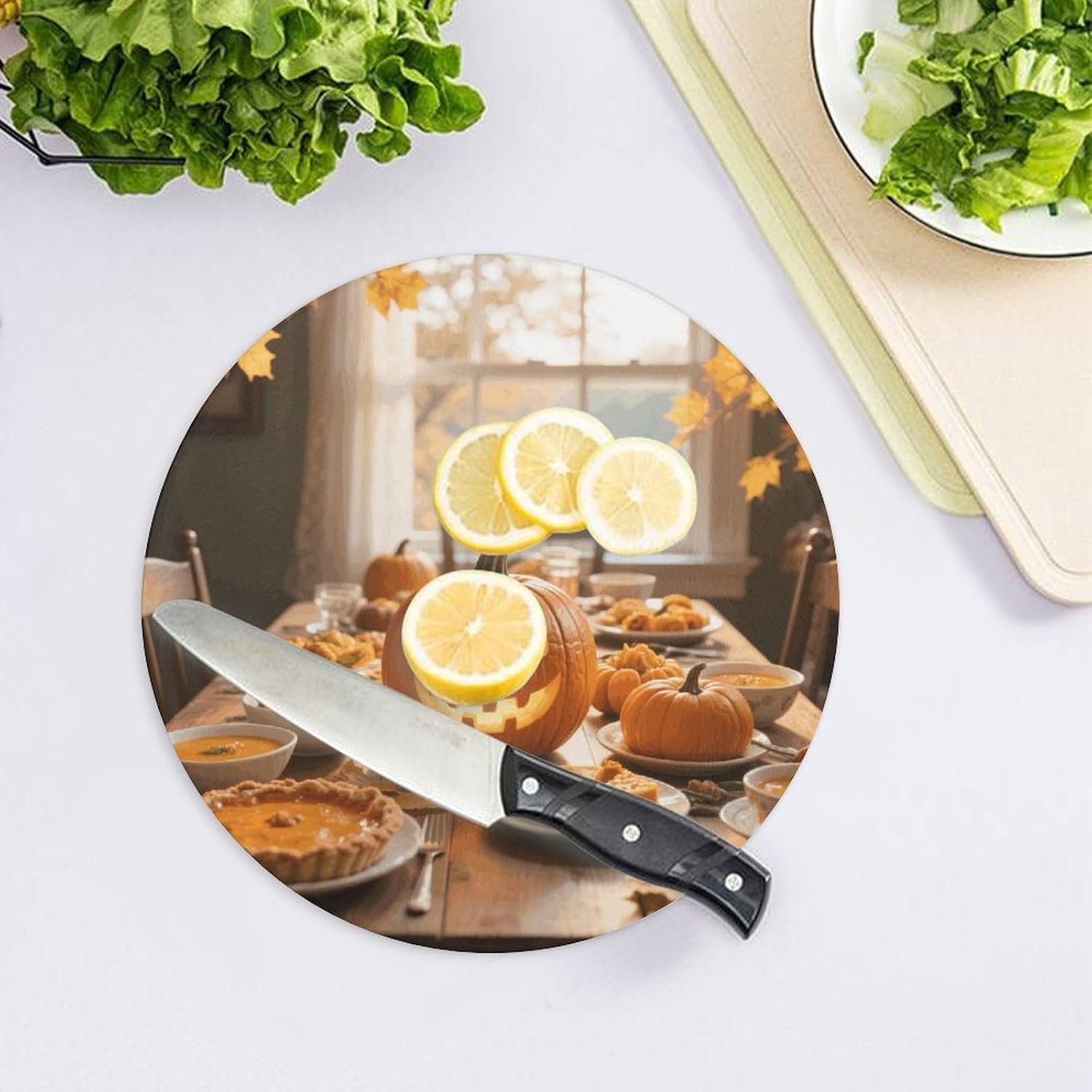 Fall Thanksgiving Pumpkin Leaf Tempered Glass Cutting Board Sturdy Chopping Block Personalized Large Butcher Block Lightweight Round Chopping Mat for Kitchen Non Slip