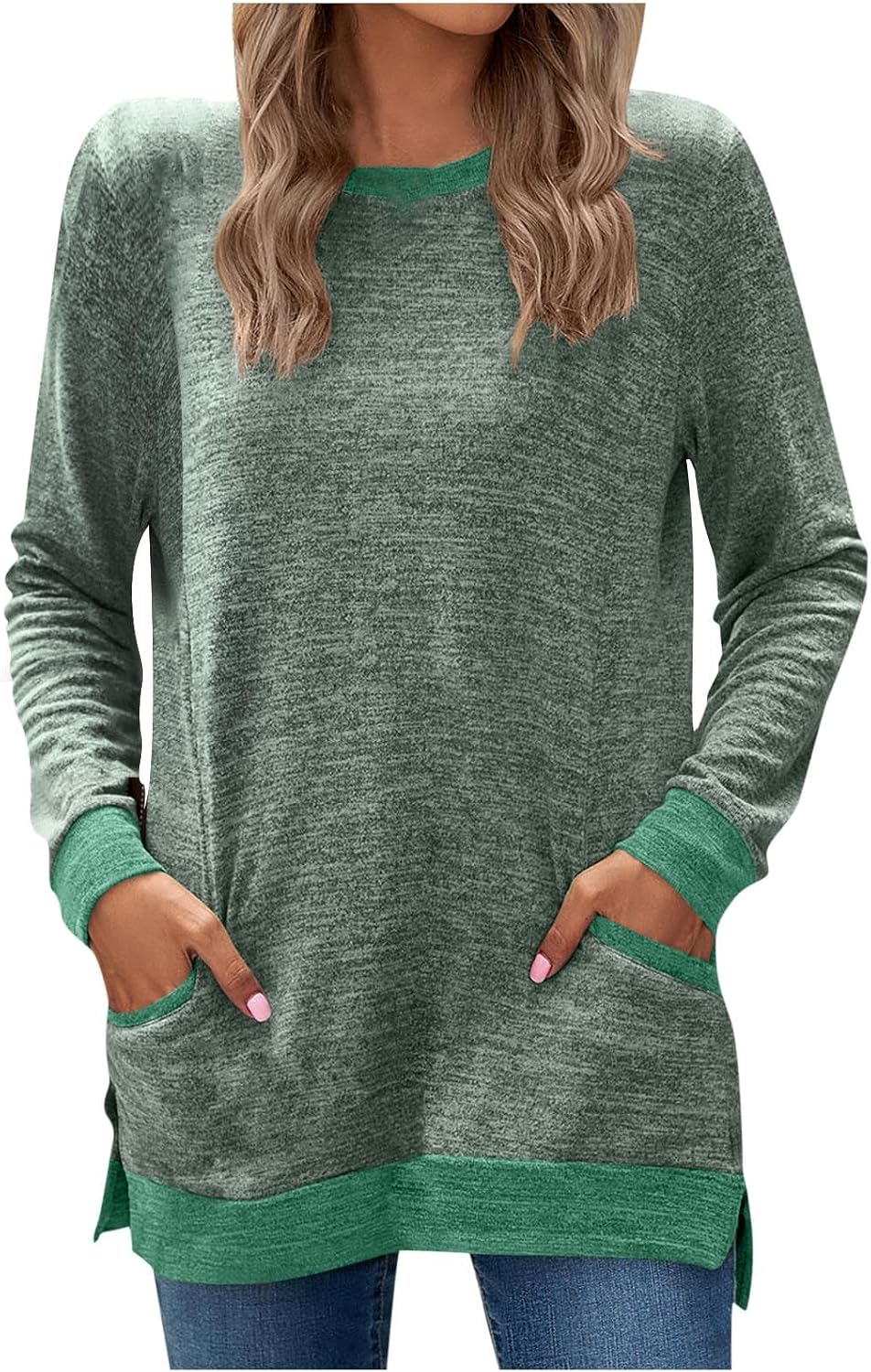 Women's Casual Color Block Tops Long Sleeve Round Neck Tunic T Shirts Comfy Oversized Fall Blouse Loose Sweatshirts