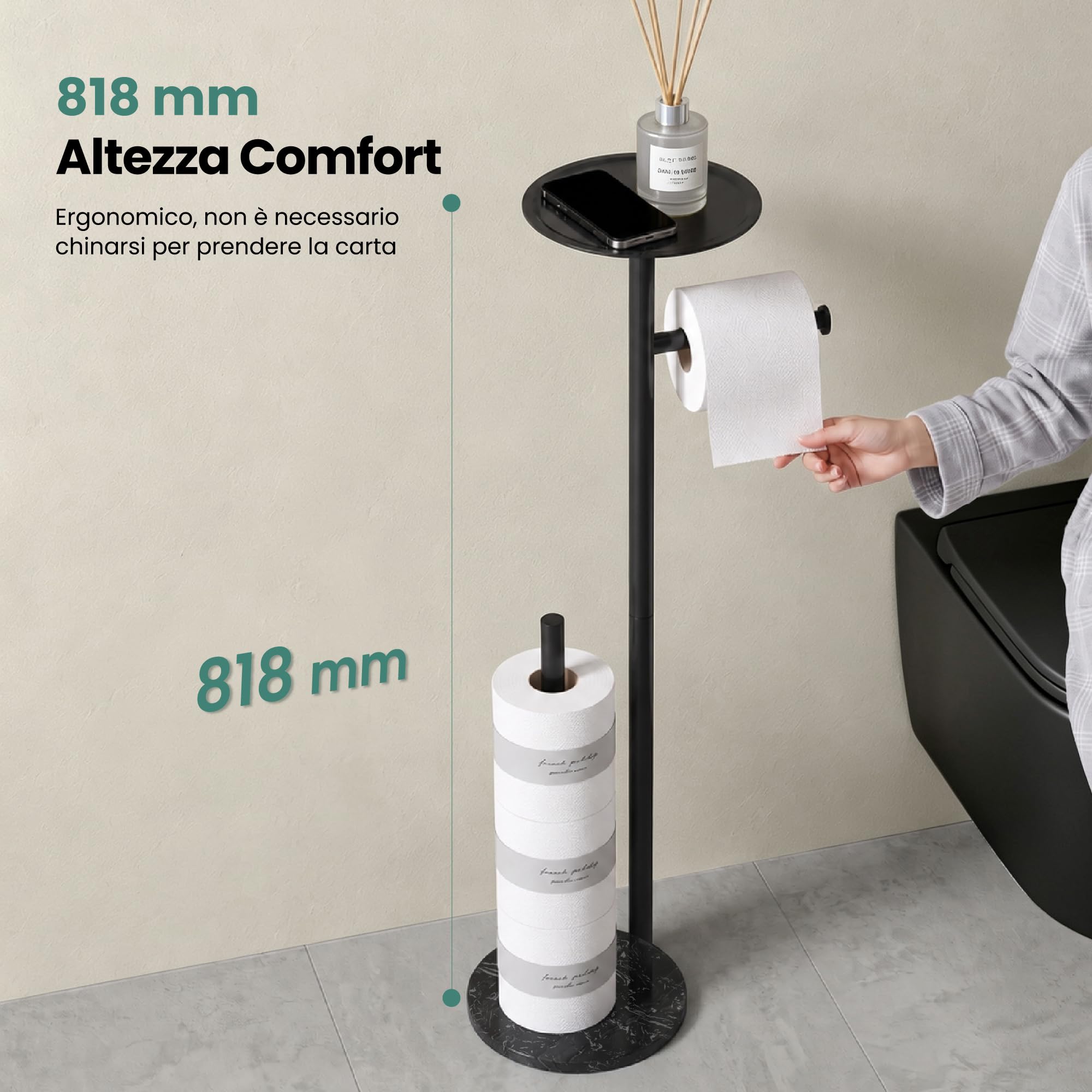 Mai & Mai Portarotolo Carta Igienica da Terra con Mensola, Nero | Portarotolo Autoportante con Ripiano Superiore, Inox 304+Marmo Fuso, Carico 5kg, 4 Cuscinetti Antiscivolo, Lino-06