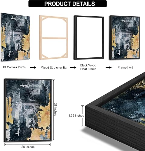 Miniatura 5 de Arte de pared abstracto enmarcado grande, marco natural, cuadros de lienzo retro para sala de estar, impresiones modernas en lienzo azul marino para