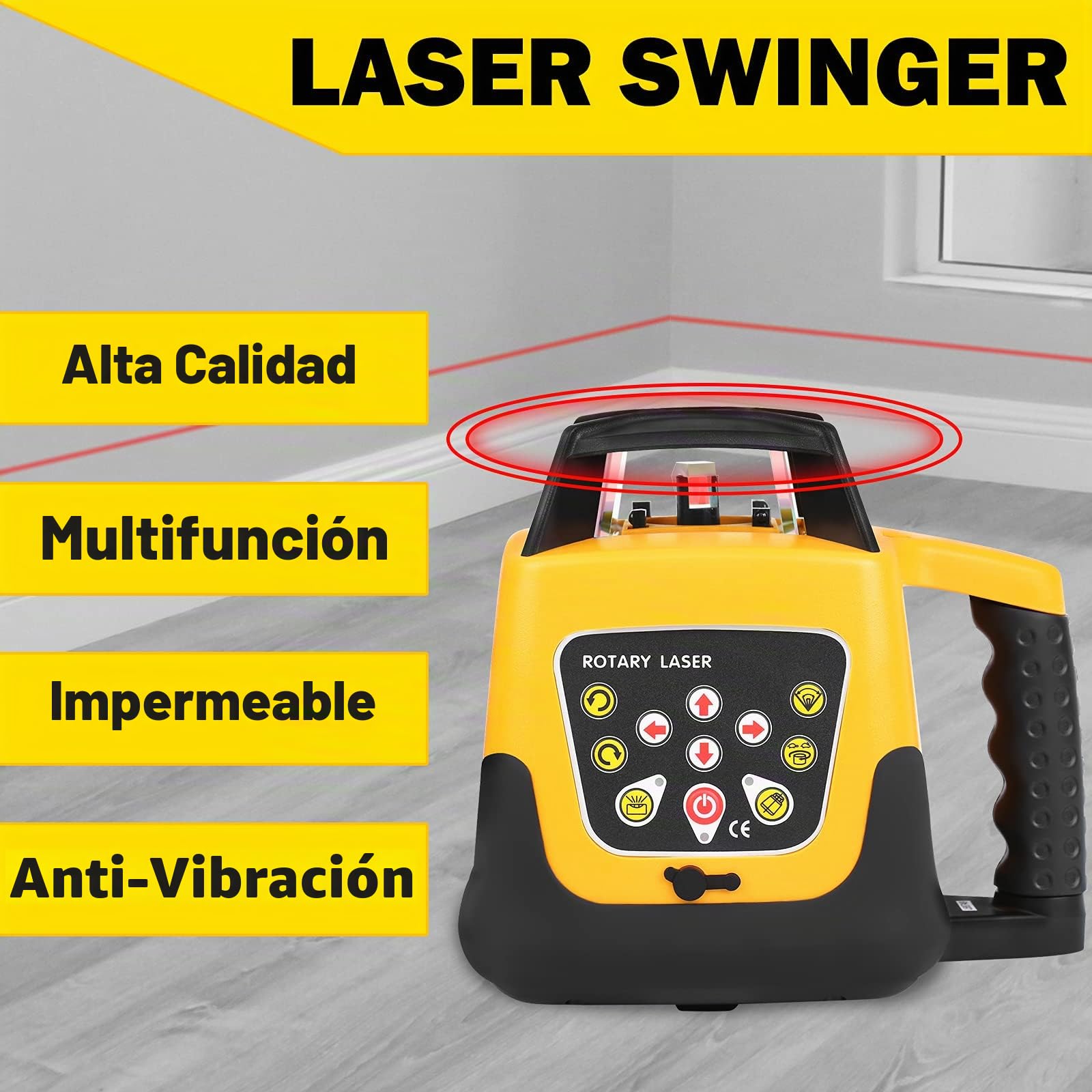 Samger Nivel Láser Automático Rojo Nivel Láser Autonivelante 360 Grados, IP54, Horizontales y Verticales, 500M Alcance, Trabajo Continuo 20 Horas, con Control Remoto, Receptor, Estuche Acolchado