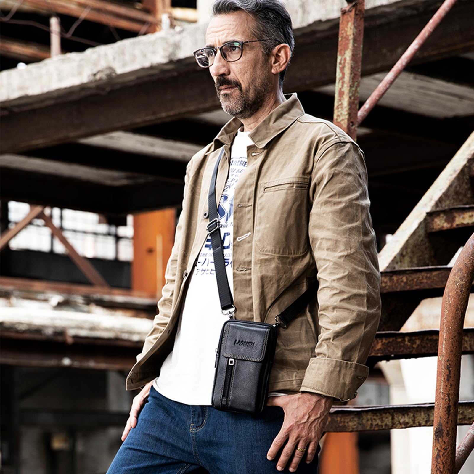 Pundarika Sacoche Homme en Cuir Bandoulière – Sac Banane 3-en-1 Ceinture & Épaule, Pochette Téléphone Portable, Petit Sac Bandoulière Vintage pour Homme, Voyage & Quotidien (Noir)