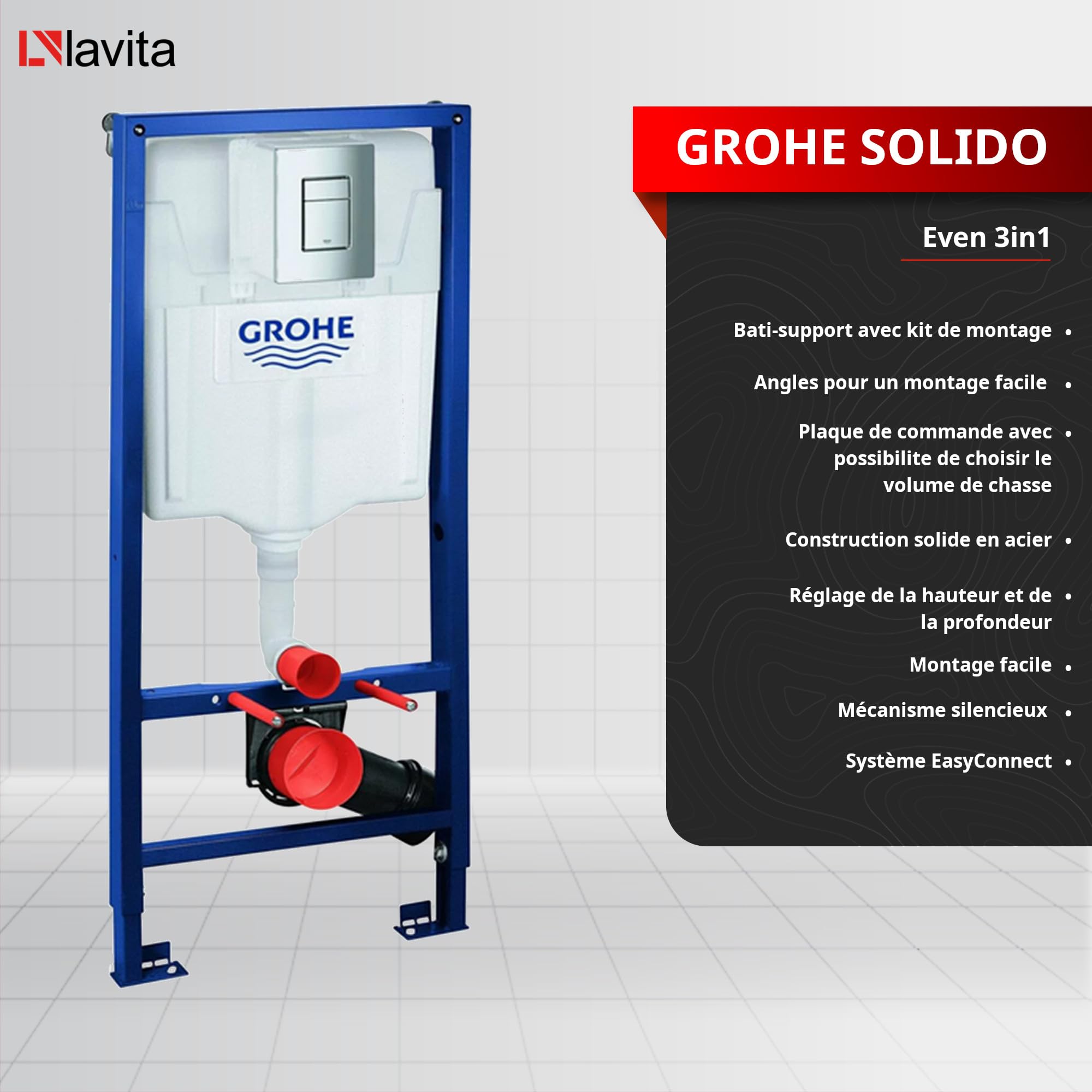 Grohe Rapid SL Élément mural de WC avec plaque de déclenchement + WC mural Lavita sans système de chasse d’eau + abattant WC avec système d'abaissement automatique Soft-Close