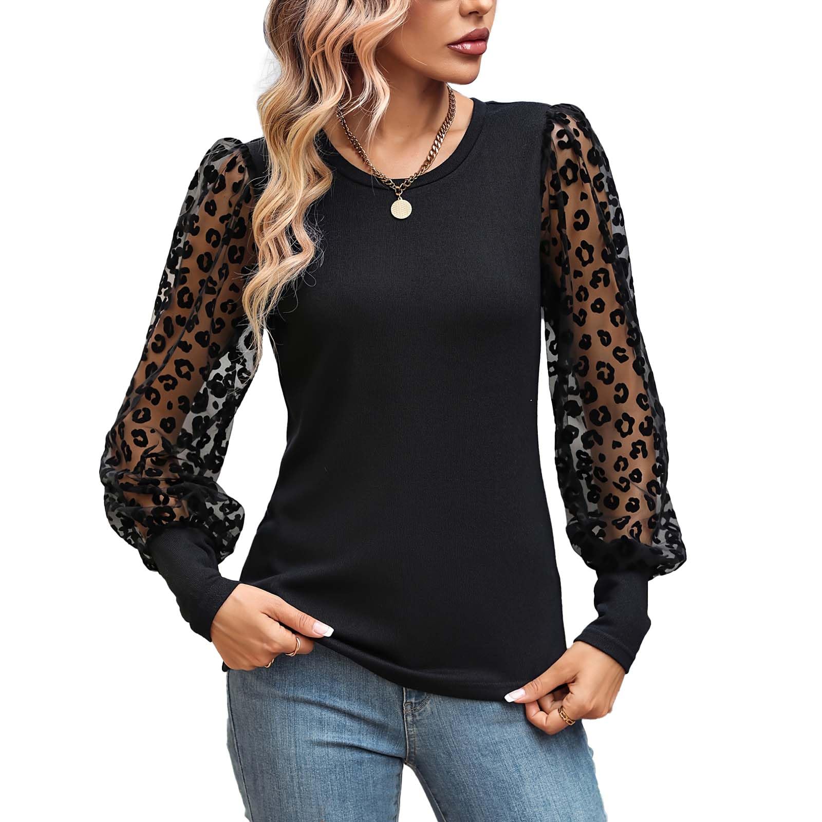 MeeQee Camiseta Mujer Manga Larga para de Cuello Redondo Tops Elegante Encaje Manga Corte Entallado Camisa de Punto Camiseta