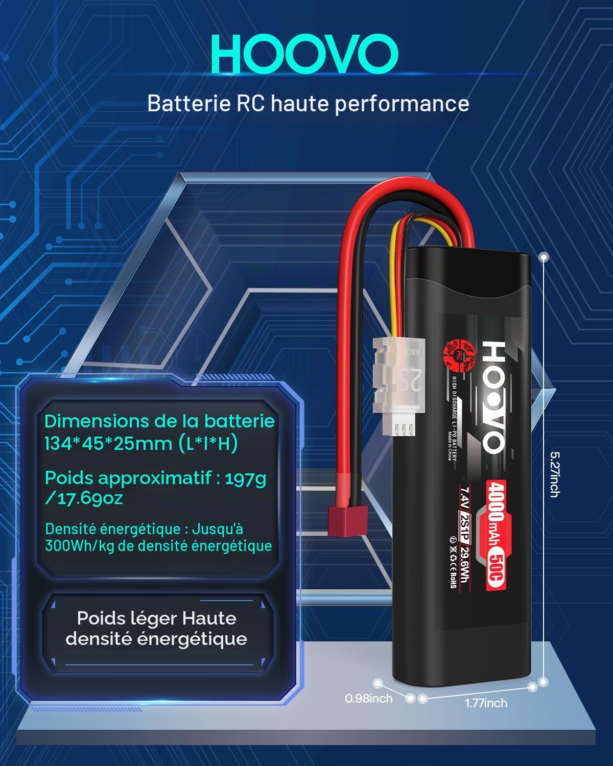 HOOVO 2S Batterie RC 7,4 V 50 C 4000 mAh Batterie LiPo avec Prise Deans Batterie pour Voiture RC Camion RC Bateau RC Hobby RC Quadcopter RC Hobby Truggy Racing Driving (2 Paquets)