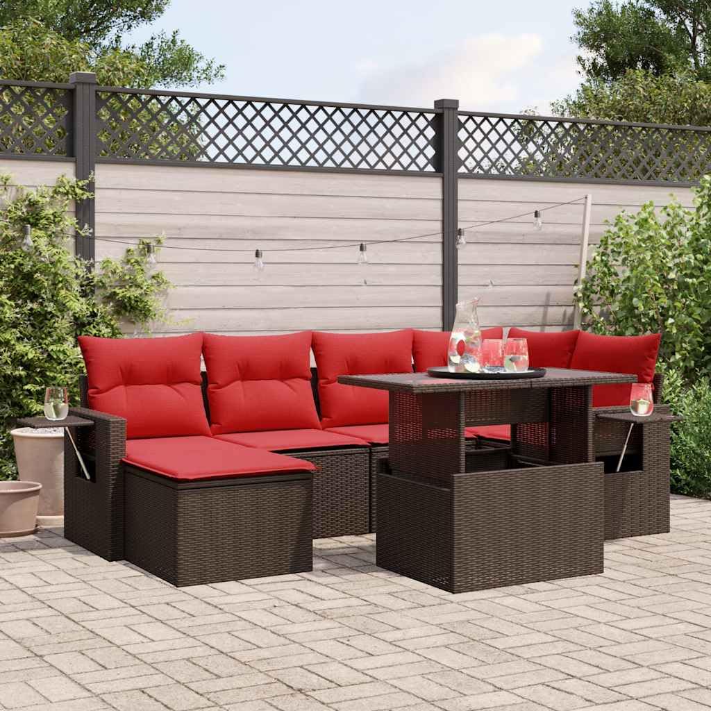Set Divani da Giardino 7 pz con Cuscini Marrone in Polyrattan resistente all'esterno per terrazza, patio e veranda, arredo lounge modulare e impilabile per relax e pranzo all'aperto