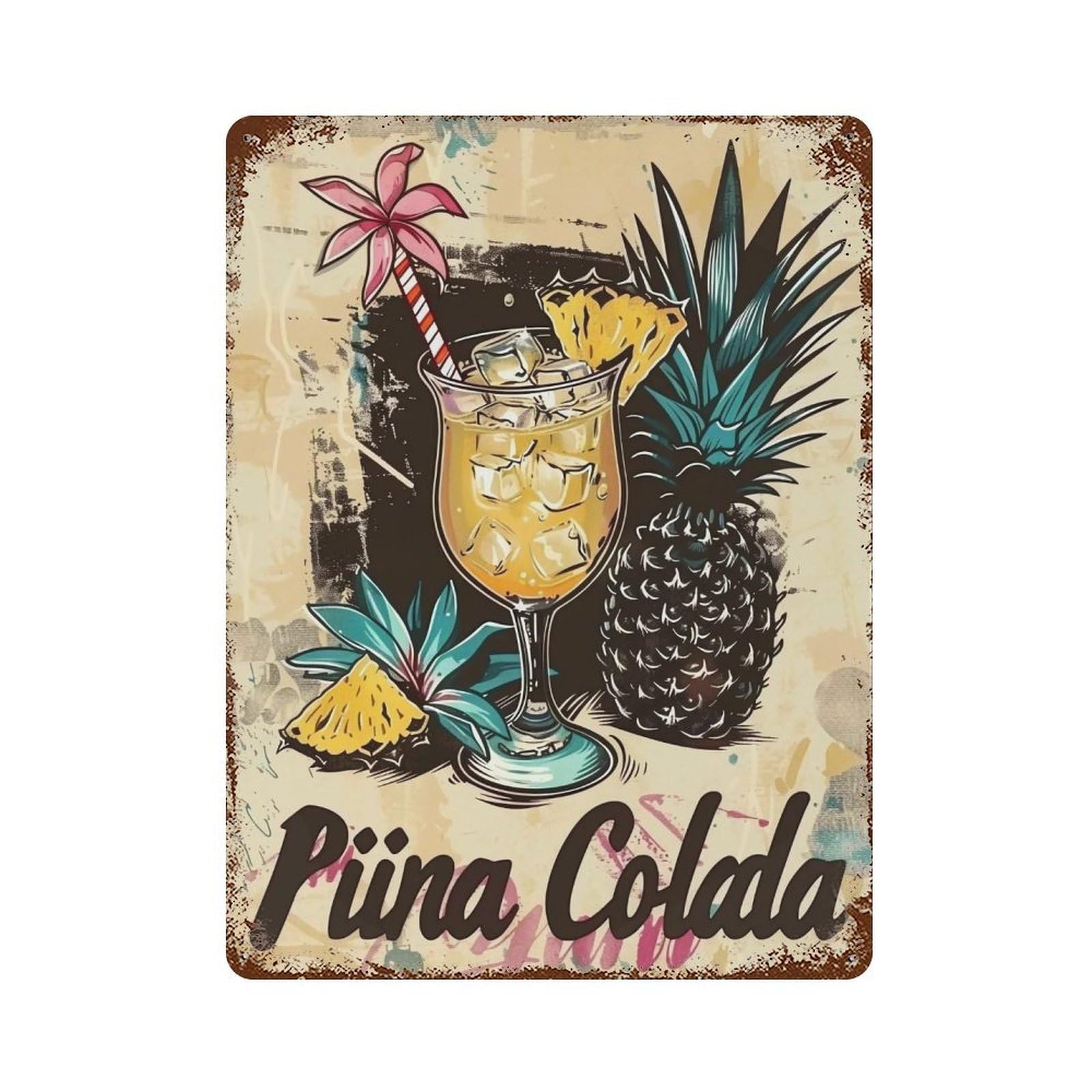YHGERTKU Linocut Tiki Bar Pina Colada Drink Fruit 02 Wall Art Retro Iron Vintage Metal Tin Sign Poster Modern Decor for Living Rooms Gift 40x30cm