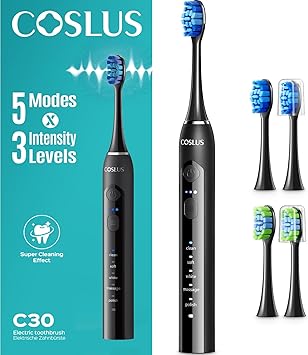COSLUS C30 Sonic Electric Toothbrush for Adults: Deep Teeth Cleaning & Whitening - 5 Modes & 3 Intensity Levels for Sensitive Teeth & Braces, 2 Types of Brush Heads 2Hours Charge, Black & Black Button