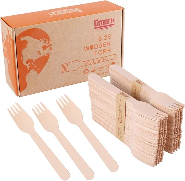 Disposable Wooden Forks 100pc Set by Gmark - Eco-Friendly Biodegradable Utensils - Natural Birchwood Forks for Parties, Events, BBQ, Weddings, Picnics GM1044