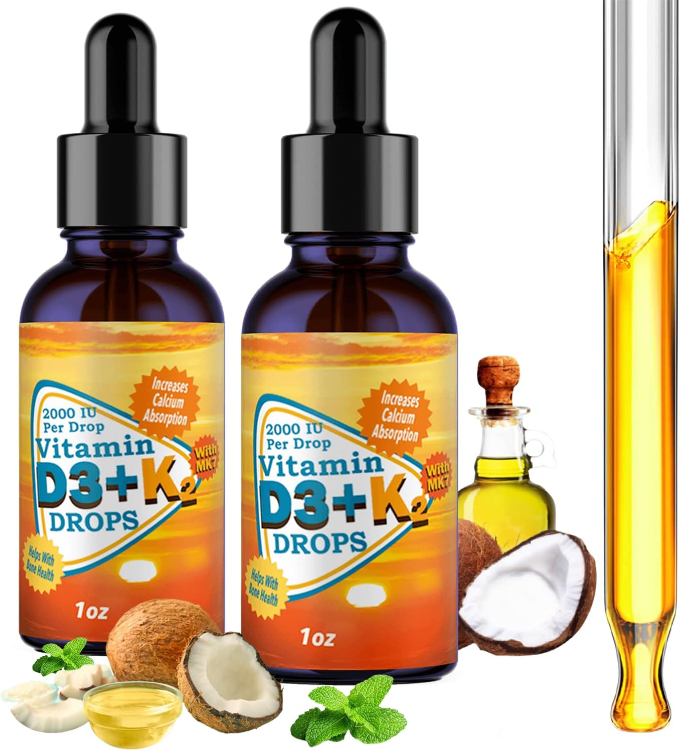 ANUMED - (2-Packs) Vitamin D3 + K2 2000 IU Per Drop with MCT Oil. Promotes Heart Health, Stronger Bones, Joints, Muscles, Respiratory System. Non-GMO, Gluten-Free, No Sugar Added, 100% Vegan (1oz)