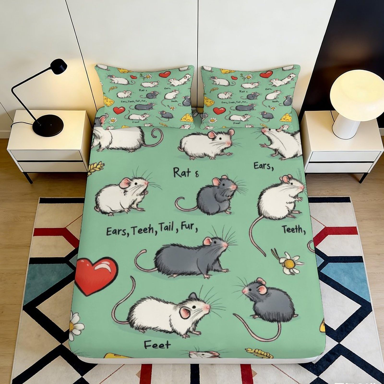 3D Printed Cute Cartoon Mouse Fitted Sheet Microfiber Non-Slip Deep Pocket Bedroom Bedding Mouse Mattress Fitted Cover 180x200x25cm