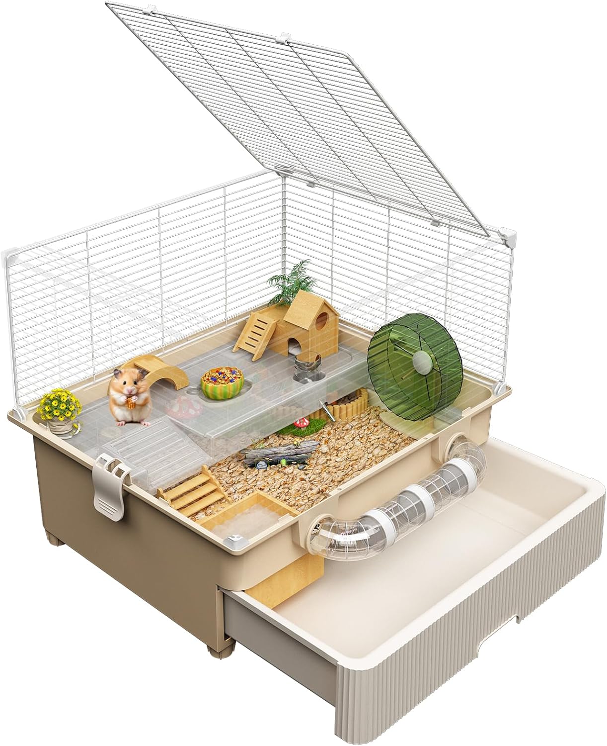 Oneluck 2 Tiers Large Hamster Cages with Accessories,Drawer-Style for Easy Cleaning,Small Animal Habitats for Syrian Hamster,Gerbil, Mice(White)