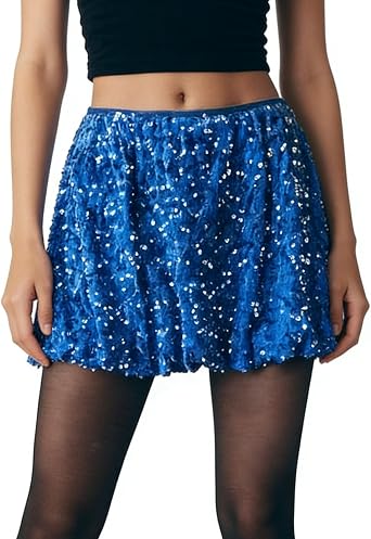 Womens Y2k Sequin Glitter Bubble Mini Skirts Ruffle Summer Shiny Night Out Sparkly Skirt Party Club Streetwear