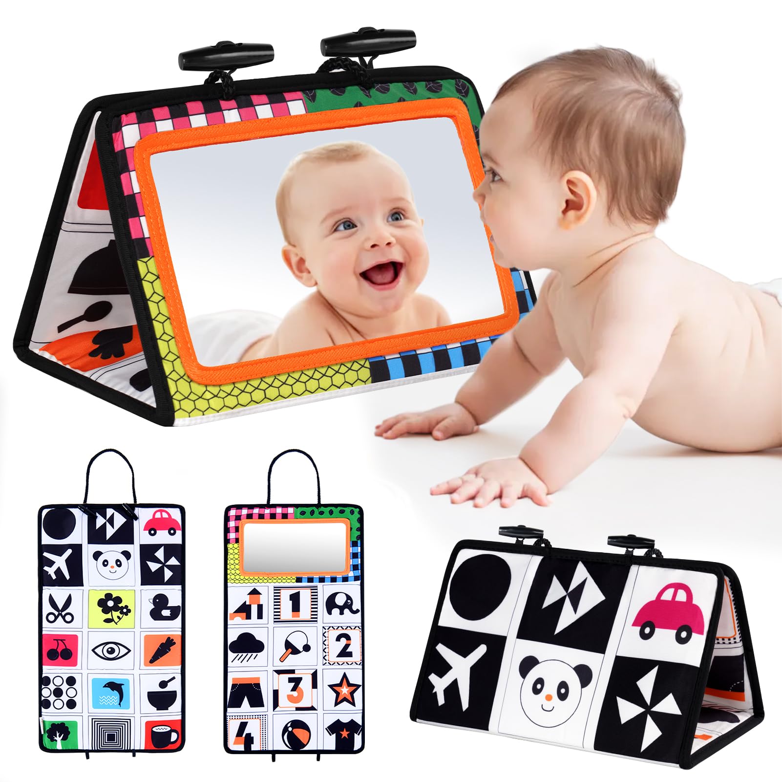 Vicloon Tummy Time Mirror, Baby Mirror Black and White Sensory Toys Tummy Time Activity Mirror, Baby Mirror Toy Safe Foldable with High Contrast Patterns Play and Pat Activity Mat for Newborn Infants