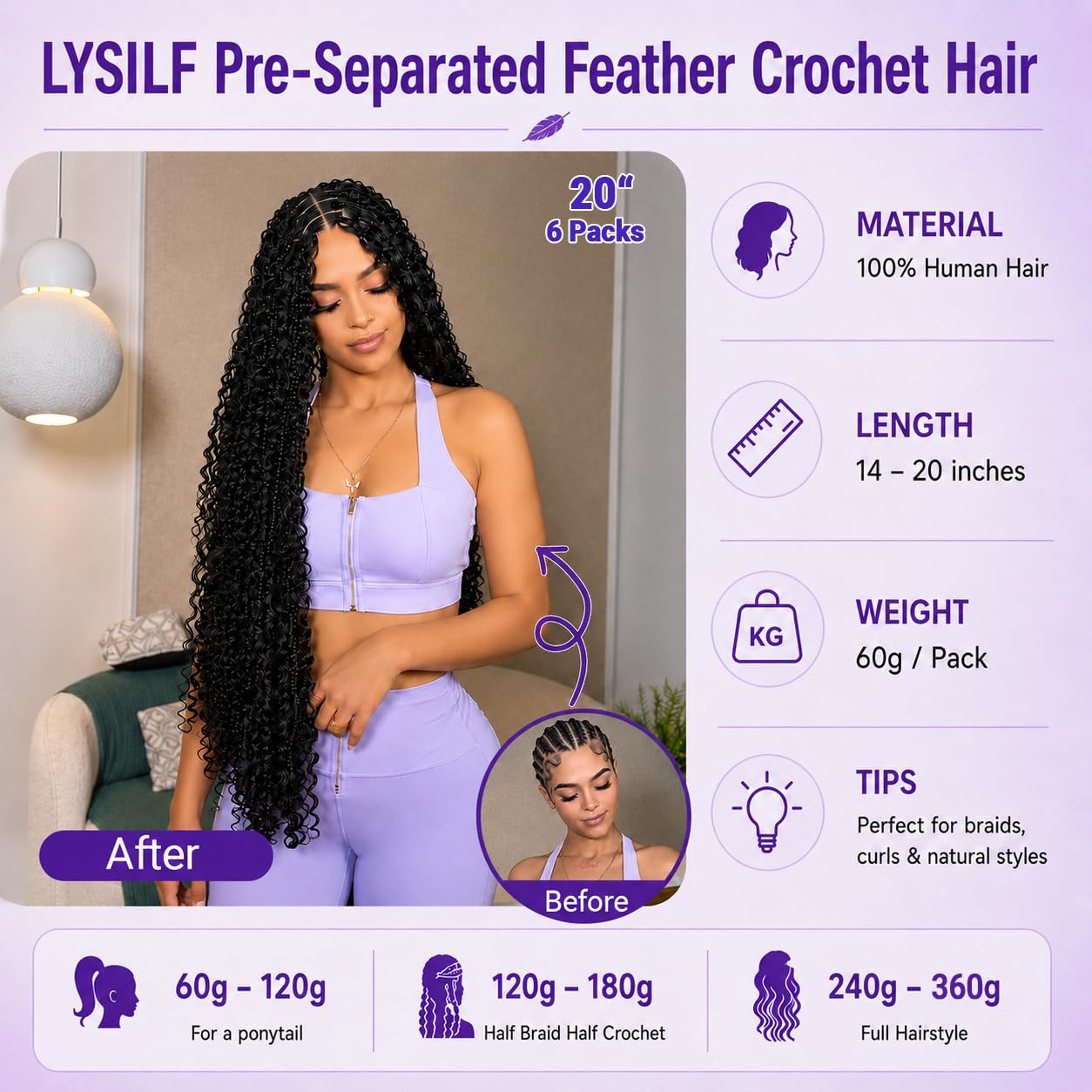 Feather Crochet Human Hair for Black Women, 20 Inch 60g Deep Wave Miracle Knots Crochet Human Hair, Knotless Pre-Separated Braiding Hair Extensions(20 Inch,#1B)