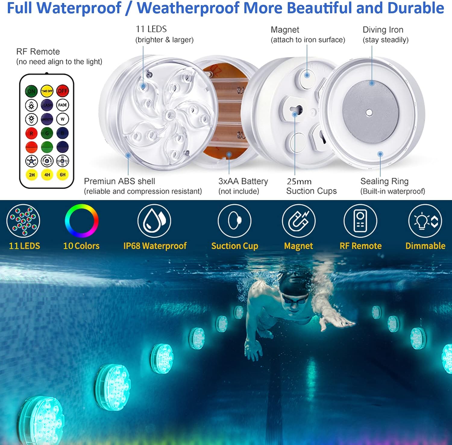 Pool Lights 2 Pack, Submersible LED Lights - Full Waterproof Underwater Pond Lights with Remote, Color Changing, Magnetic Bathtub Lights with Suction Cup Hot Tub Light for Pond Fountain Garden Party