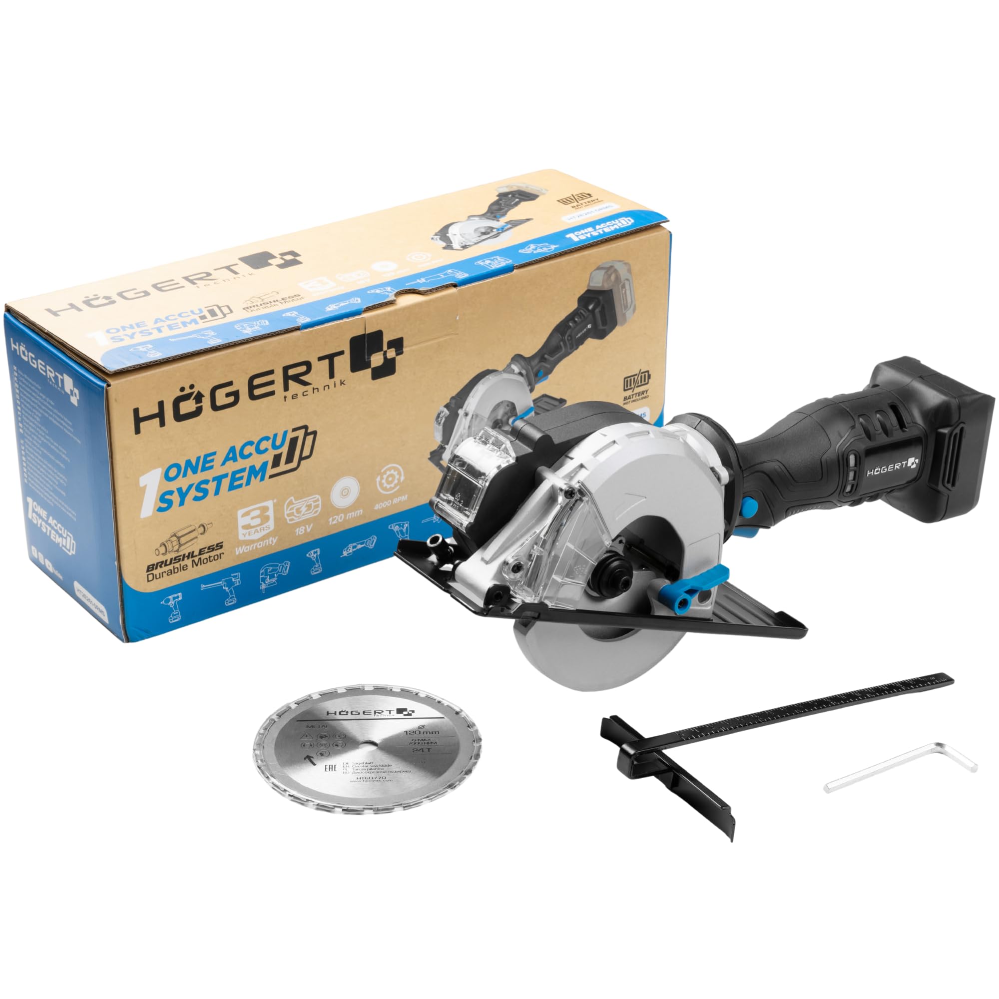 HÖGERT TECHNIK Sierra Circular Manual a Batería 18V OneAccuSystem, motor sin escobillas, mini sierra circular para metal 120 mm, 4000 RPM, compacta y ligera, guía paralela, sin batería