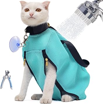 6-12 lbs Anti-Escape Suction Cup Cat Grooming Bag - Medium Green Breathable Mesh, for Bathing & Nail Trimming, Portable for Travel & Easy to Clean