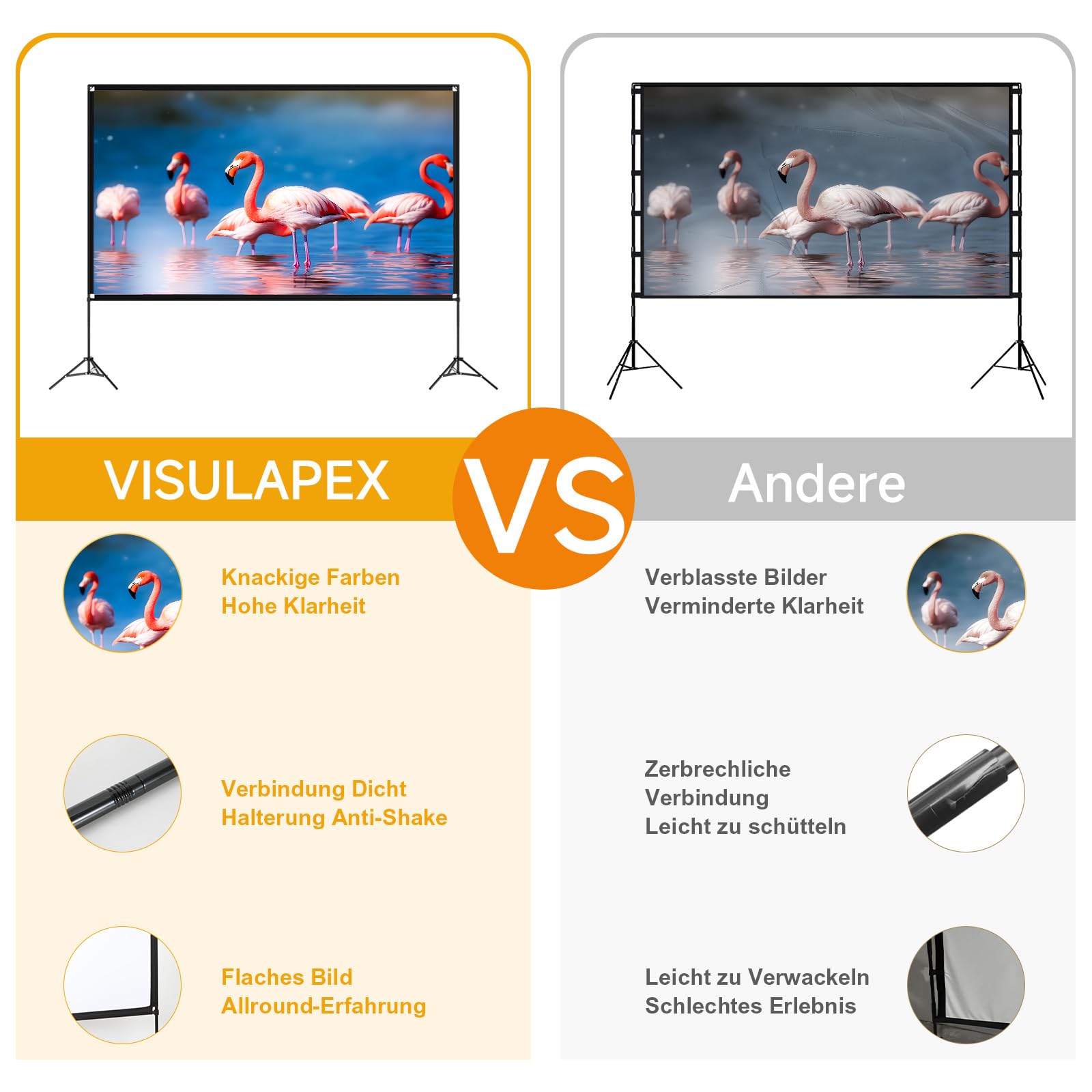VISULAPEX 120” Beamer Leinwand mit Stativ, 16:9 4K HD Projektor Leinwand Tragbar, Faltbare leinwand Beamer mit Tragetasch für Heimkino Gartenkino Theater Nächte
