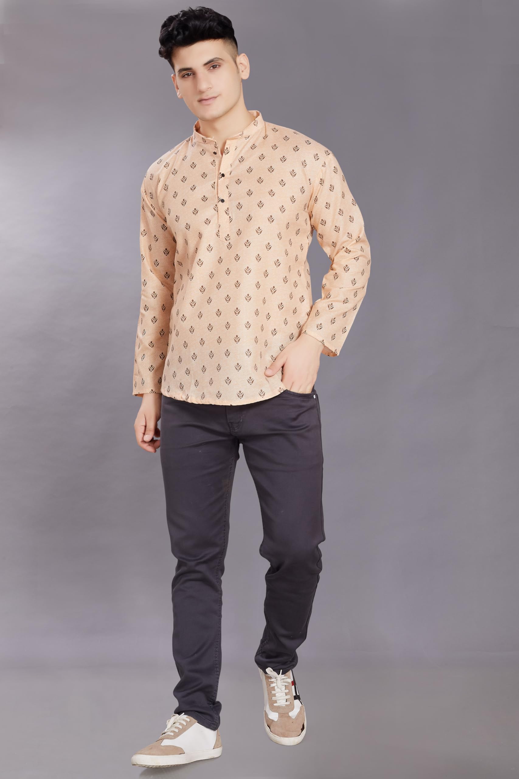 Divisive Men's Pure Cotton Relaxed Fit Printed Short Kurta (Dkrt444_S_Beige)