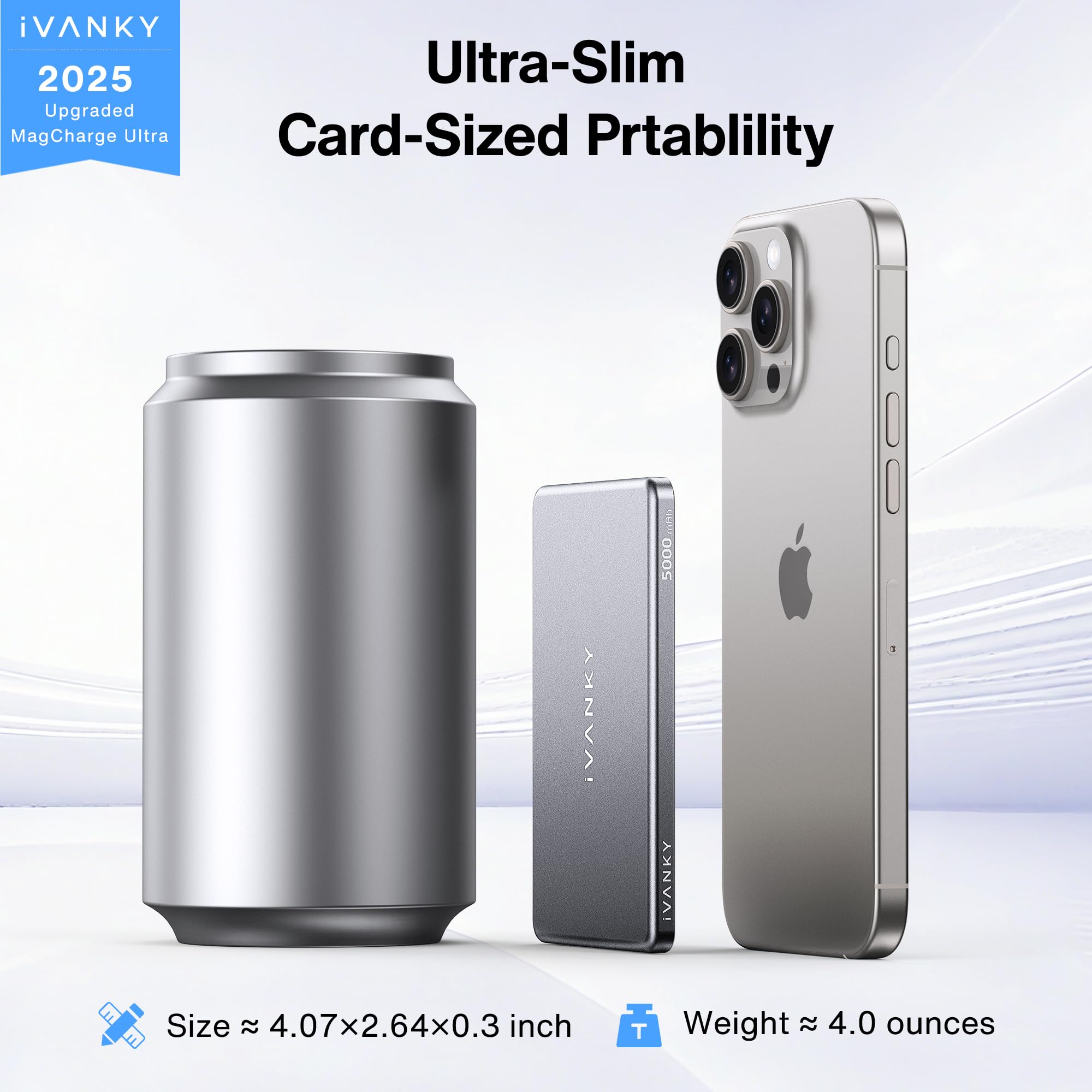 iVANKY 0.76 cm Powerbank Magsafe per iPhone 17, Slim 5000mAh Magnetico Portatile Power Bank, 20W Fast Charging Battery Pack Wireless Caricatore per 16/15/14/13/12 Pro Max, Airpods Pro 3, USBC Cable*1