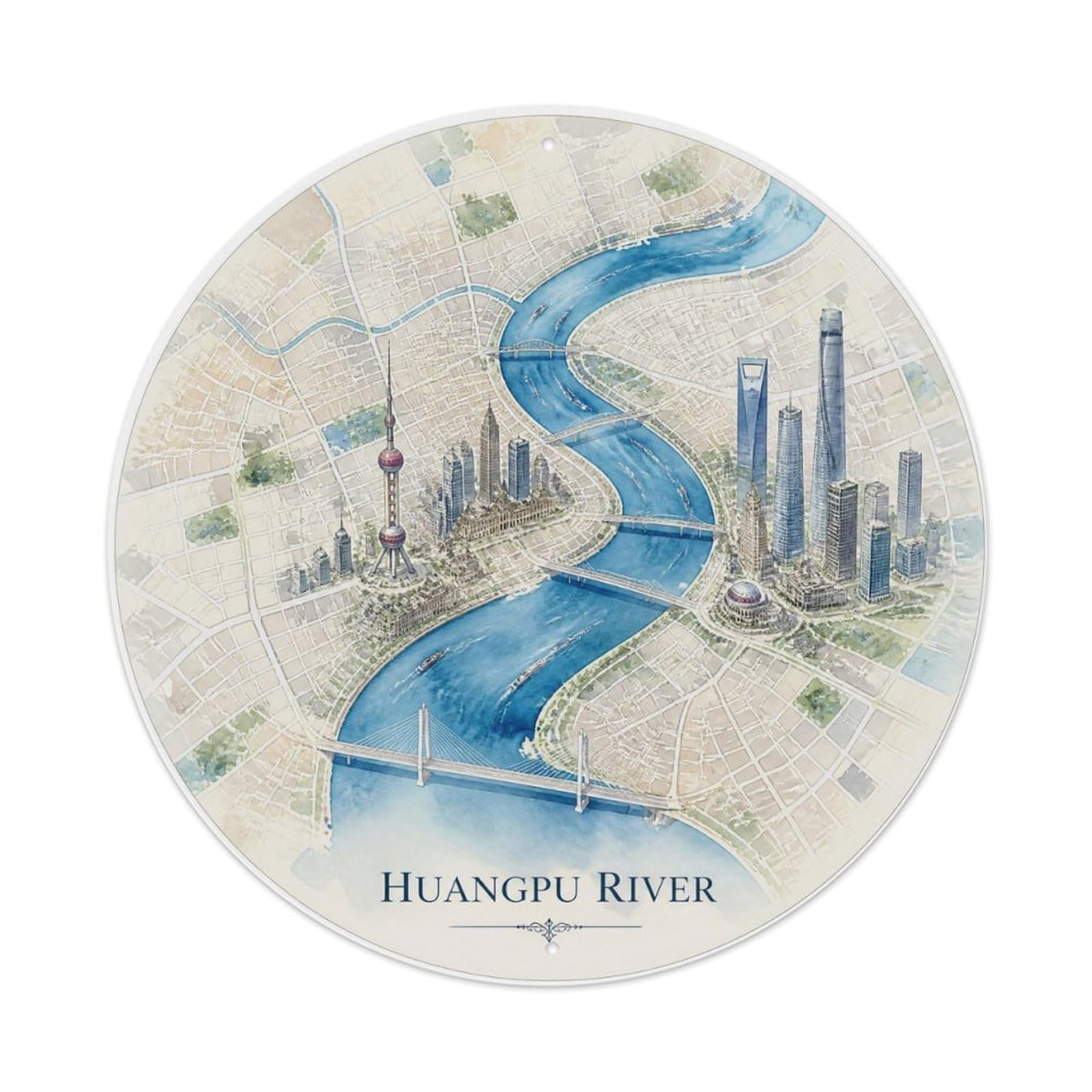 Okngb Style Huangpu River Shanghai Monochrome Route Color Blocks Metal Tin Sign Plaque Wall Decor For Cafe, Man Cave, Club Bar, Office, Home Garden Round Metal Poster 8X8inch