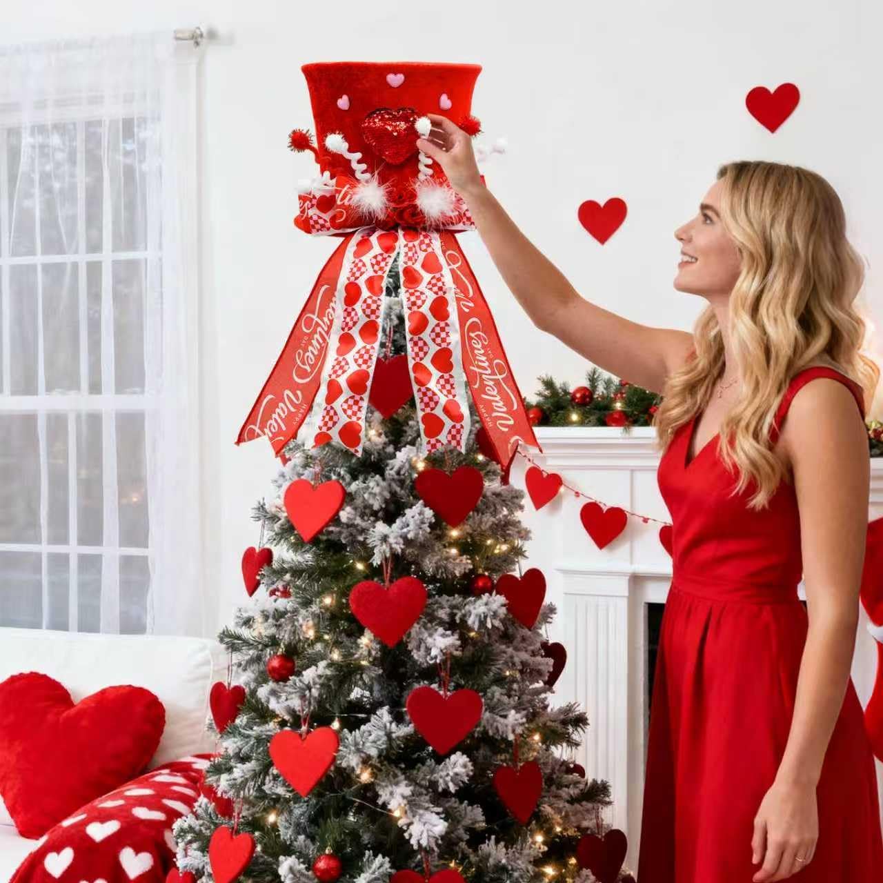 nuvagiki Valentine's Day Tree Topper Hat Decor, Valentines Day Heart Ribbon Bow Hat Decorations for Tree, Galentines Day Decorations Tree Ornaments, Valentine Velvet Heart Bow Hat, Valentines Gifts