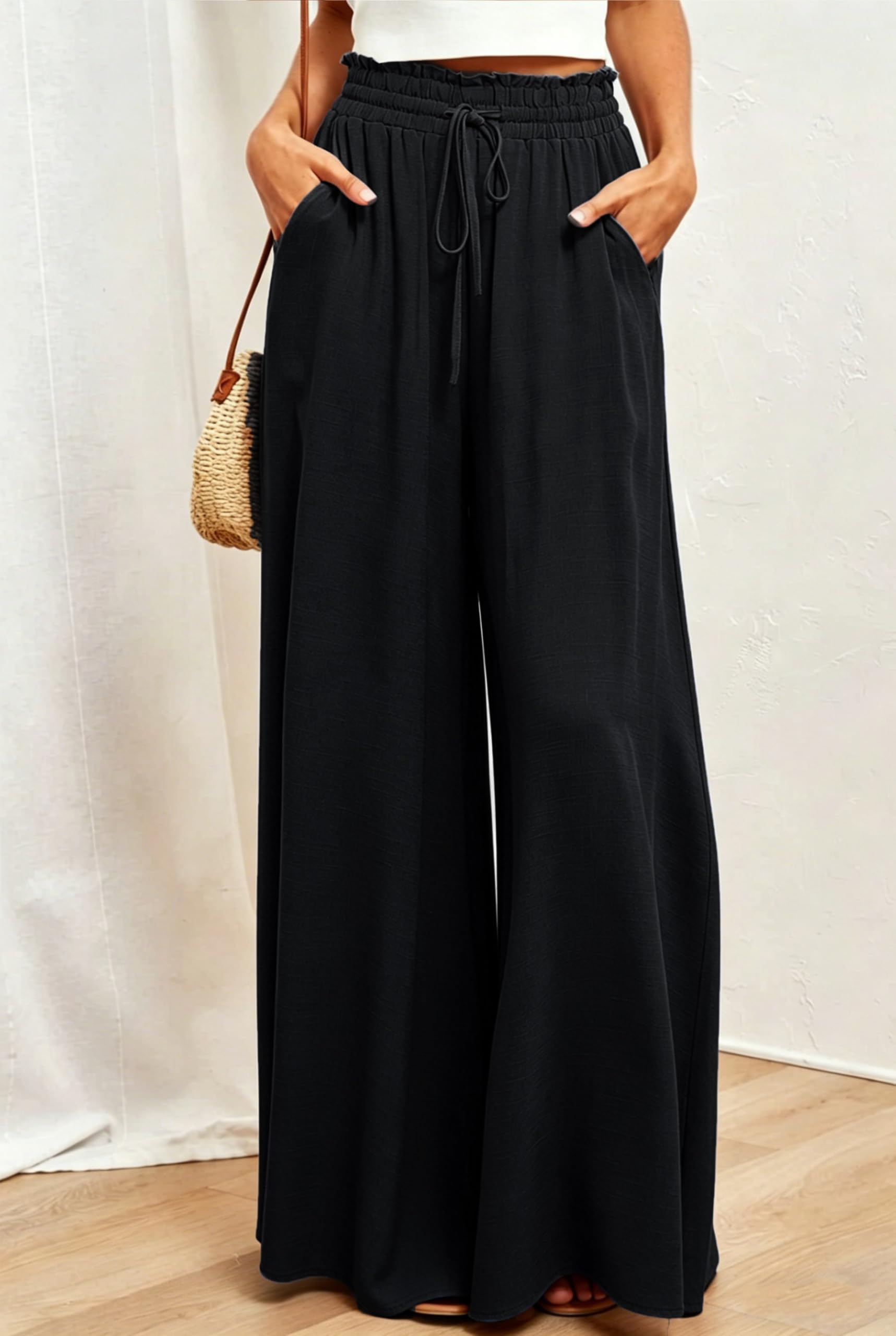 Pantaloni a Gamba Larga Donna Estivi Vita Alta Leggero Motivi Eleganti in Tessuto Pantaloni con Tasche Casual Pantaloni Boho Beach Larghi Leggeri