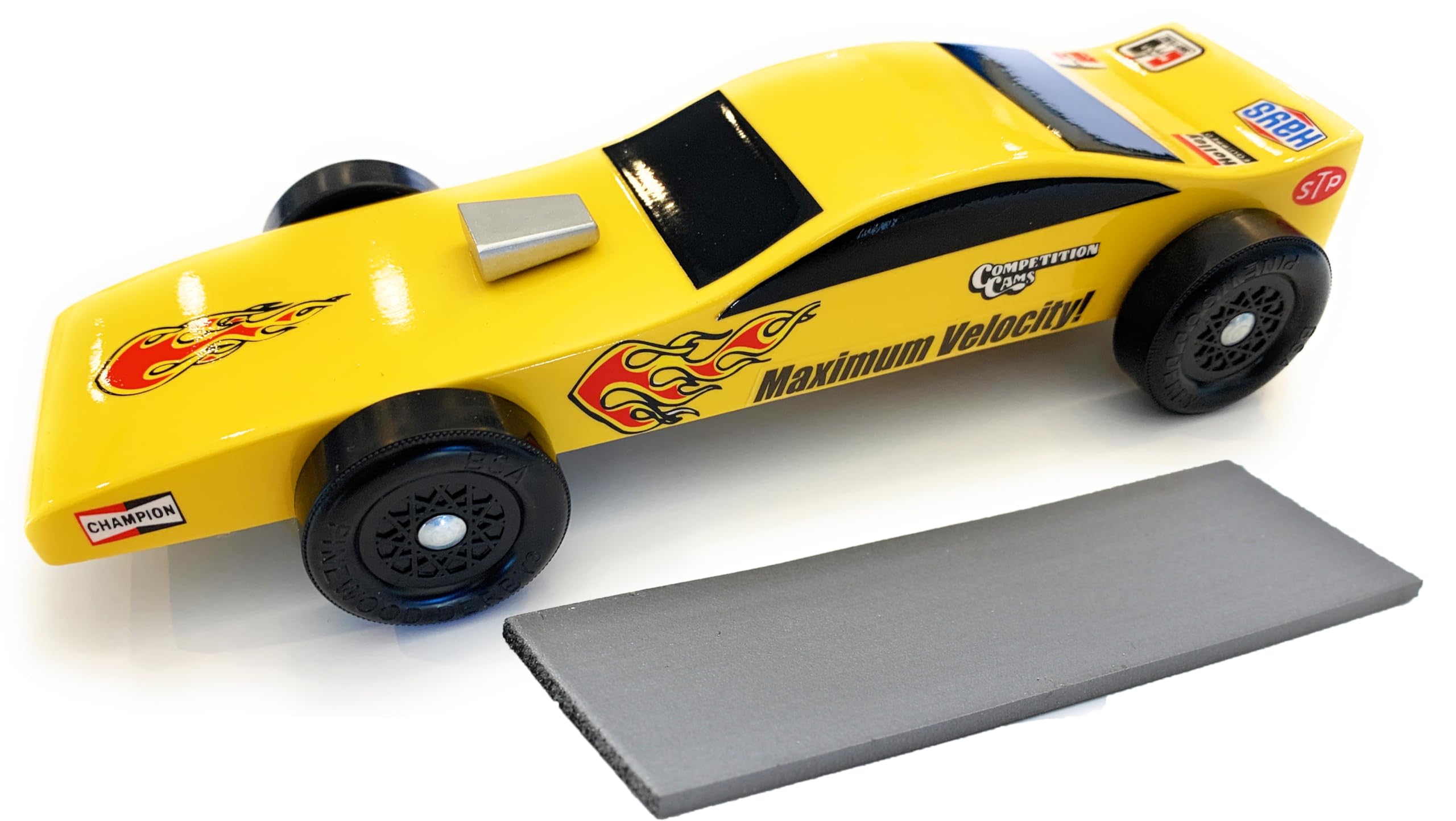 Maximum Velocity Pinewood Car | Includes Shaped Body, Flex Weight & Stock Official Scout Wheels and Axles | Funny Car Derby Car