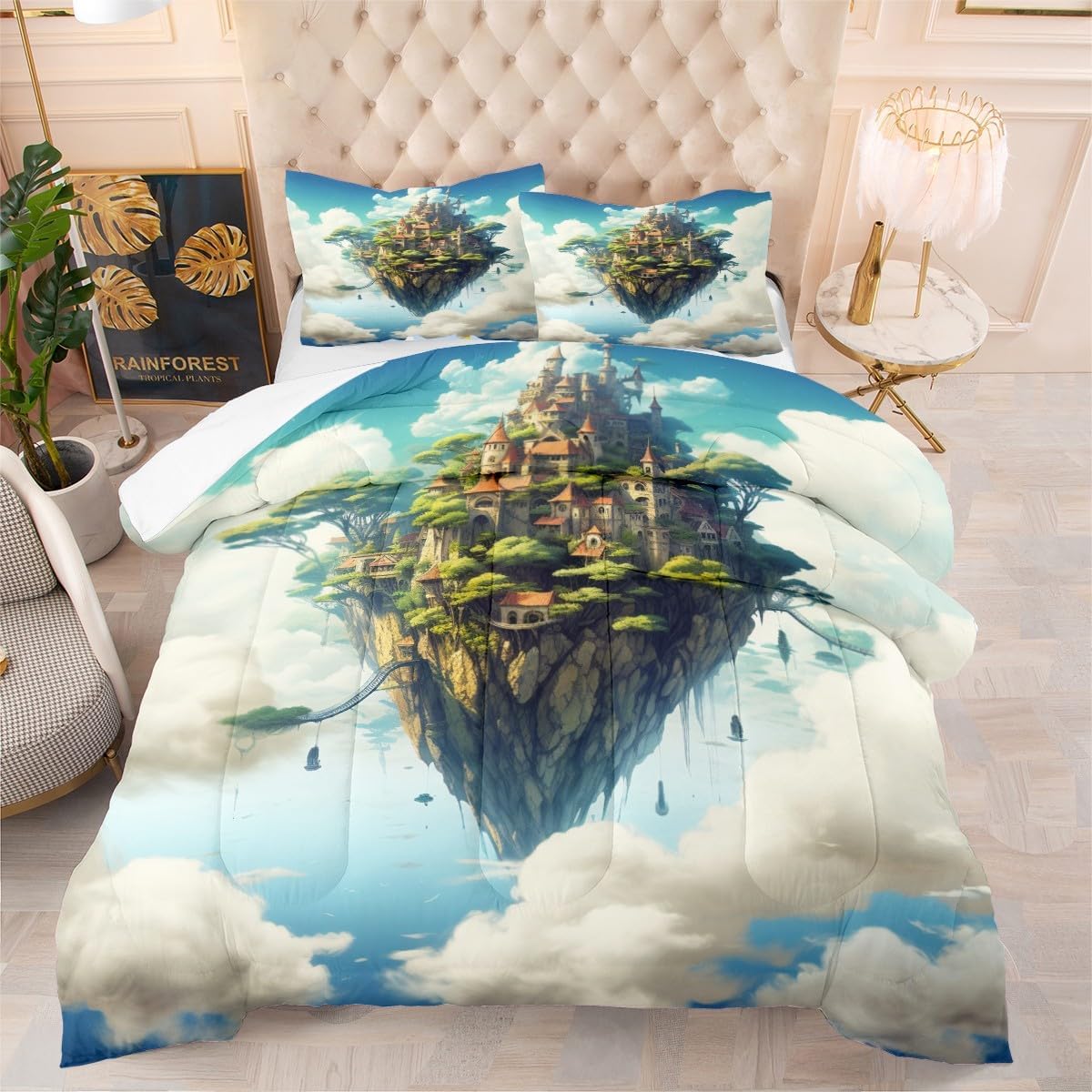 Sky City Printed Quilt Cartoon Sky Garden Castle Pattern 3D Bedding Boys Girls Kids Adults 3Pcs Thick Quilt Set Suitable for Winter, King