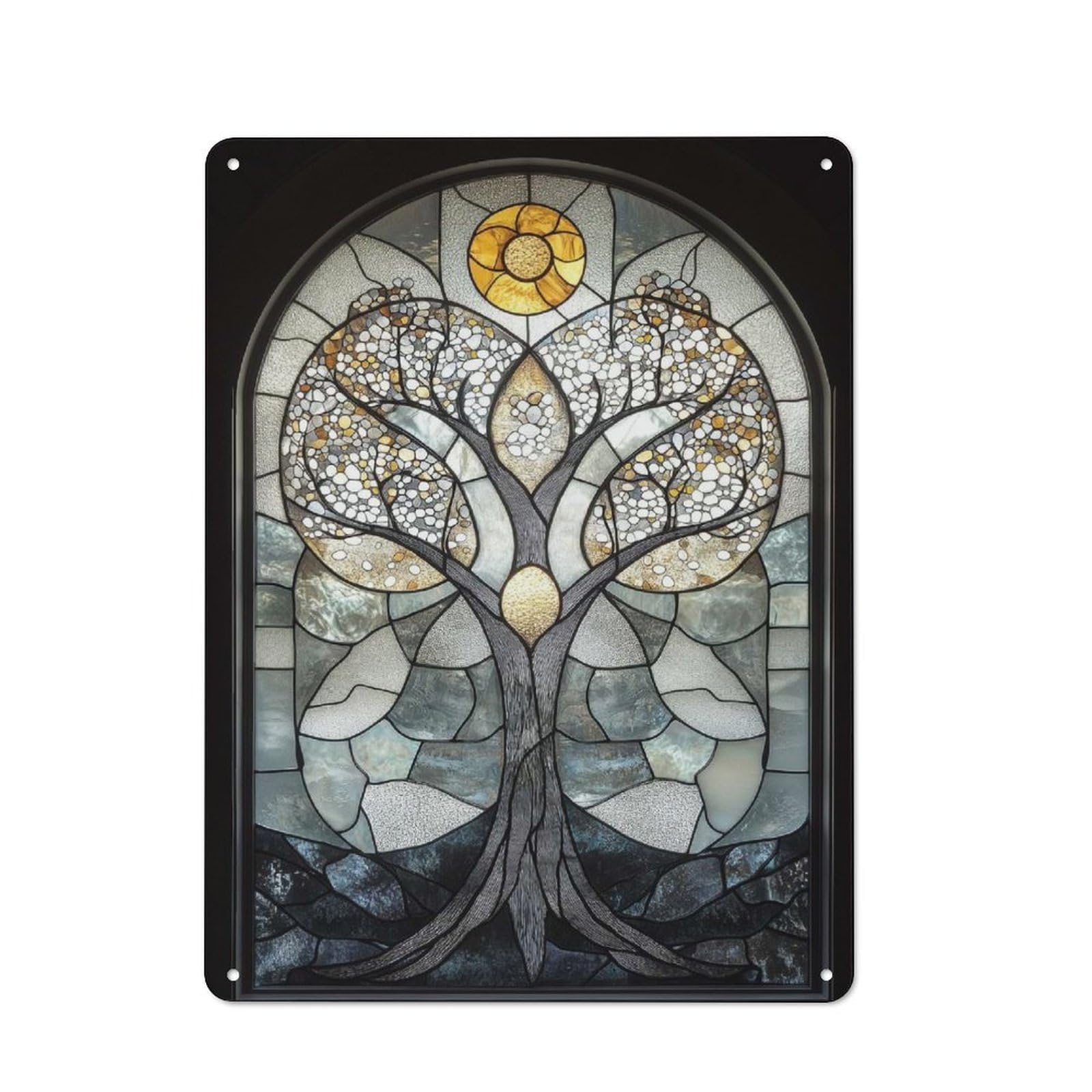 Junmoney Style-18 Casual Tree Stained Glass Artwork Shed Metal Sign 40X30cm, Utility Space Decor For Shed, Garden Room, Porch Or Garage