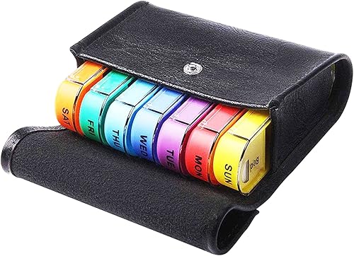 Pastillero de bolsa de cuero organizador semanal de píldoras al día 4 veces de 7 días a la semana clasificador de píldoras con diseño de botón fácil