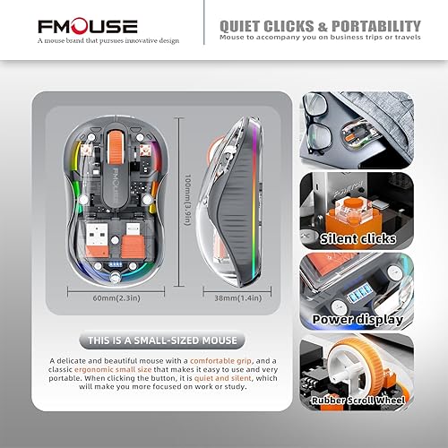 Miniatura 5 de Ratón inalámbrico transparente creativo, Bluetooth dual y 2.4 GHz para múltiples dispositivos, receptor USB-C, ideal para MacBookportátiles,