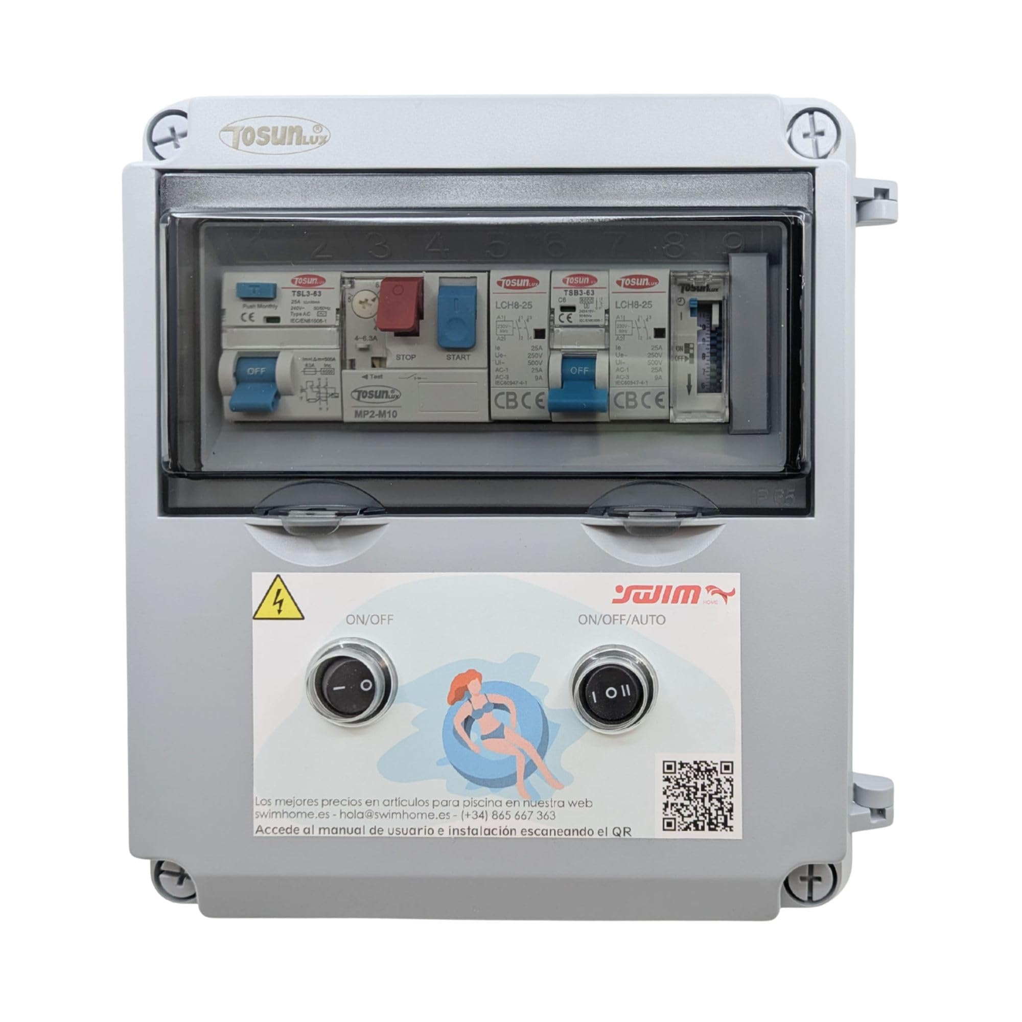 SWIMHOME Cuadro Eléctrico Piscina WiFi 60W 12V DC Contactor Clorador y Guardamotor 2CV 6-10A ABS Gris