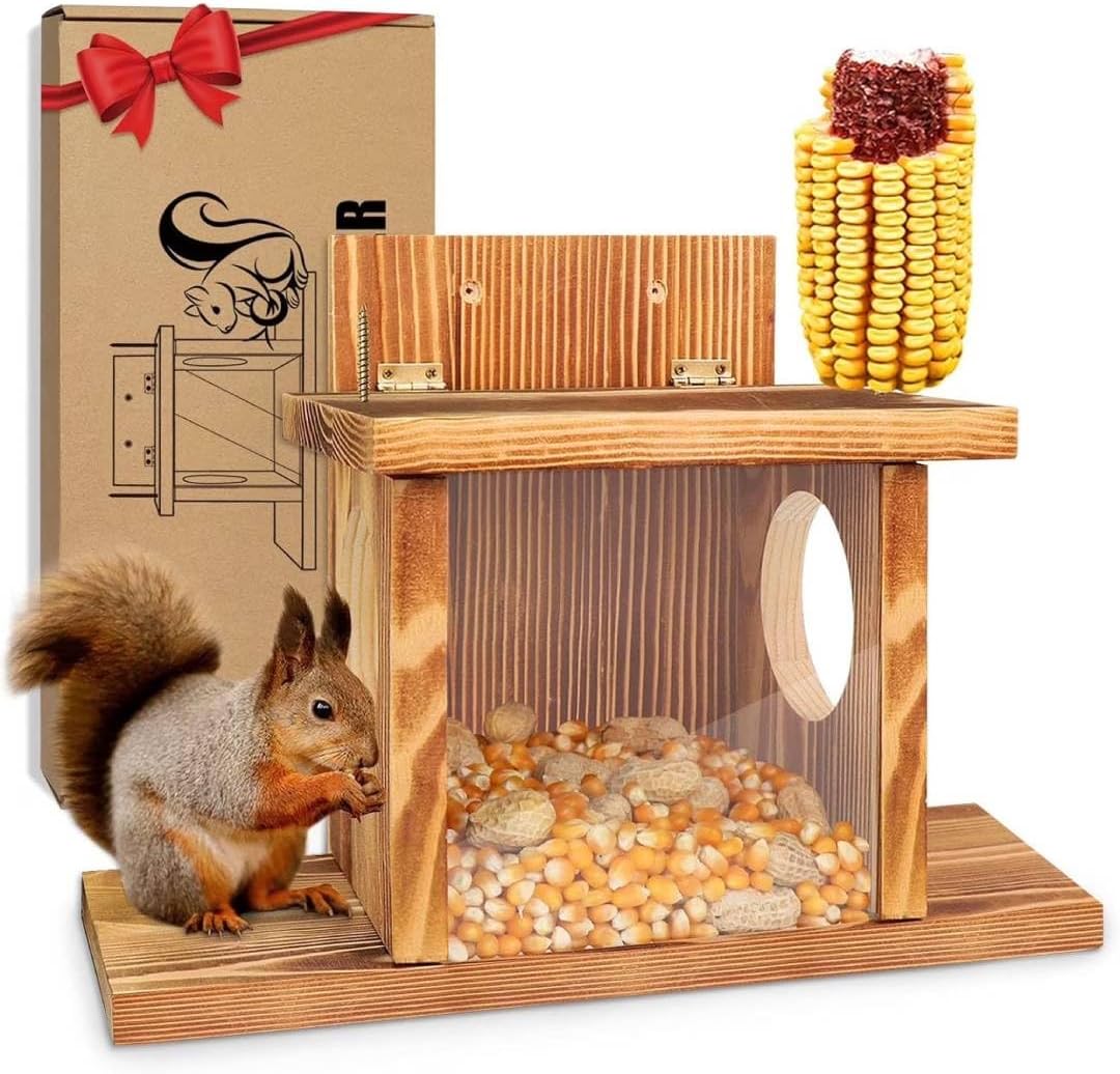 Carbonized Wood Squirrel Feeder, Squirrel Feeders for Outside Winter, Durable Squrrill House Box Easy to Fill with Removable Front Panel, Wooden Chipmunk Feeder for Corn, Peanuts（1 PC）