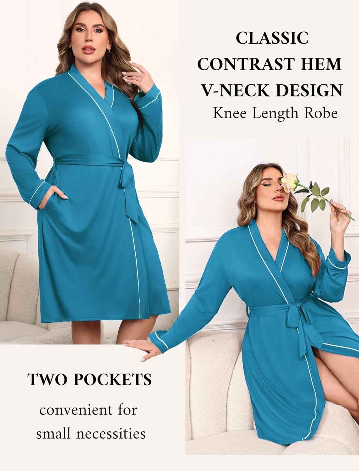 Ekouaer Plus Size Robes for Women Lightweight Bathrobe V Neck Kimono Loungewear Soft Maternity Robes with Pockets 1X-5X - Image 3
