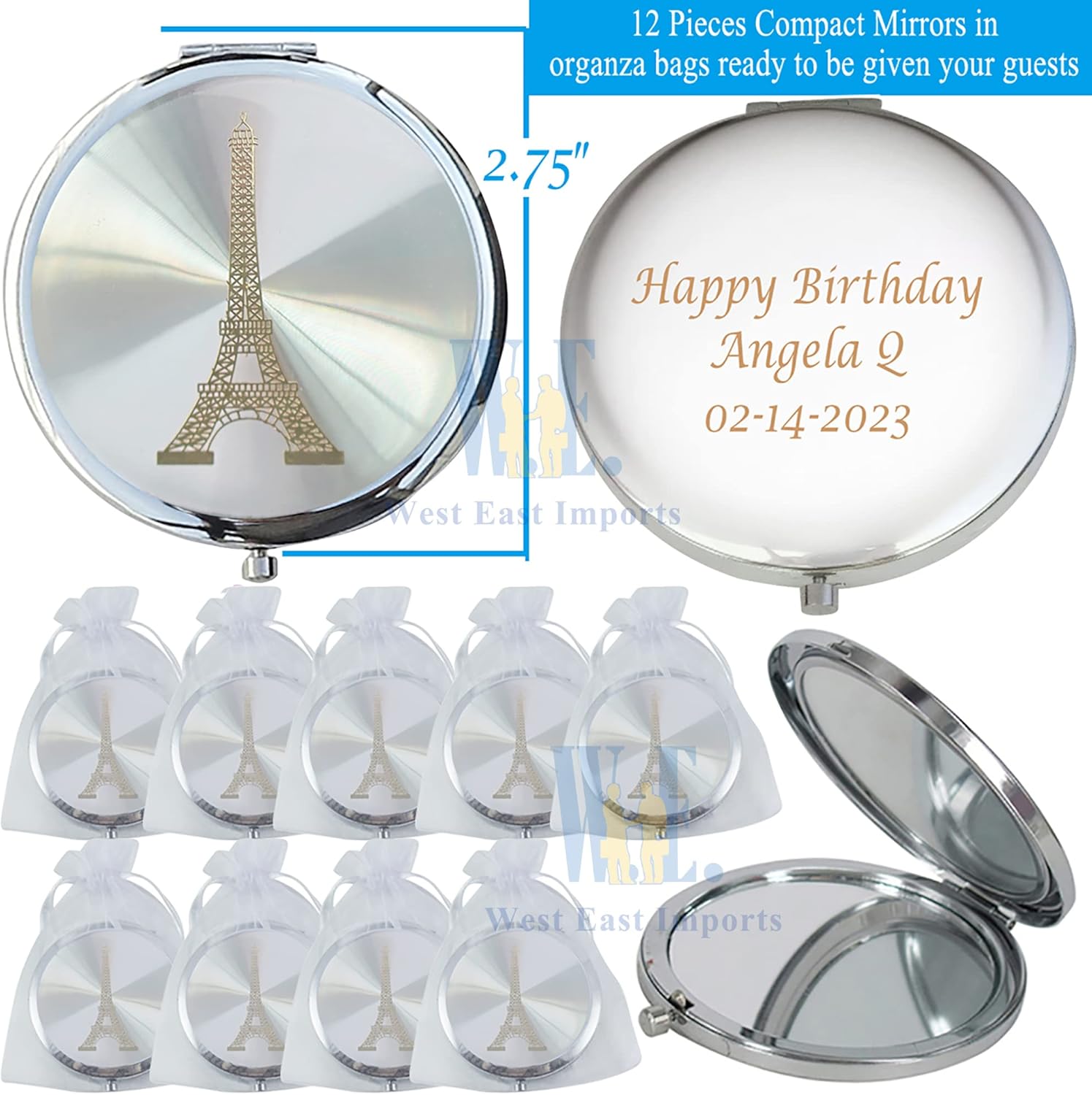 Generic 12 Pcs Personalized Paris Eiffel Tower Themed Compact Mirror Favor French Birthday Sweet 15 Quinceañera