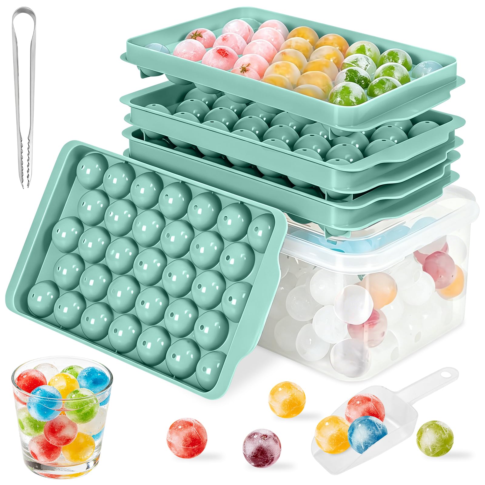 Mini Round Ice Cube Moulds with Lid and Storage,BPA-Free Plastic Ice Ball Maker,Makes 99PCS 2cm Ice Balls for Freezing Cocktails,Whiskey,Tea,or Food (3 Ice Trays, Ice Box,Ice Shovels and Ice Tongs