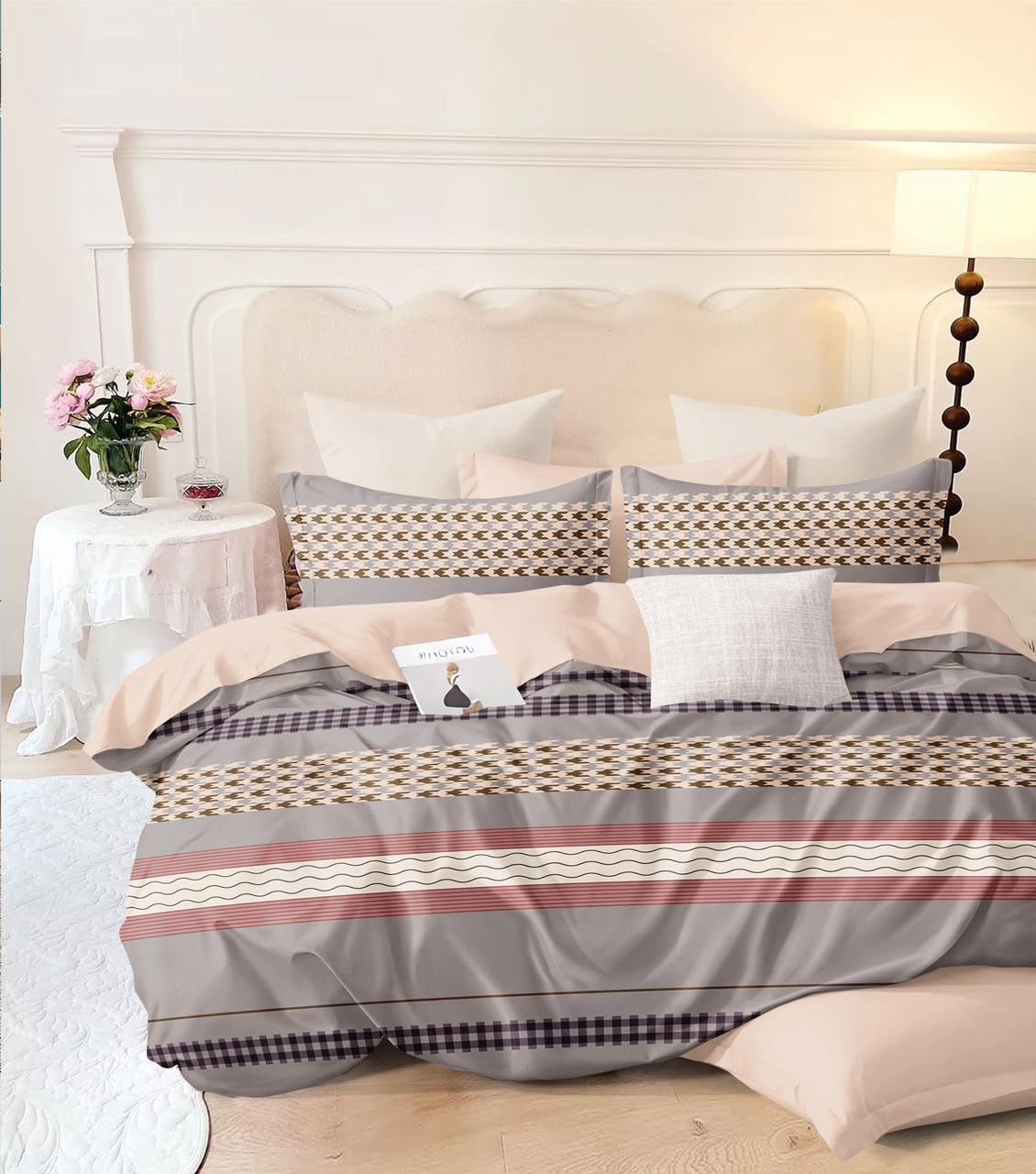ARIHANT Glace Cotton, Modern Cotton Duvet Cover Set, Geometric Pattern in Grey and White, Queen Size - 90'' x 100''with 2 Pillow Covers and Bedsheet (Blush Pink)-image-31