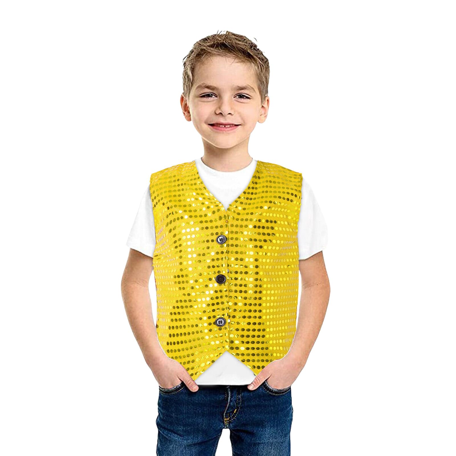 Unisex Sequin Vest Waistcoat Dance Party Show Costume Boys Girls UK Jacket Top Kids Shiny Sequin Dance Vest Jazz Hip Hop Ballet Dance Performance Costume for Party Fancy Dress Up Hip Hop Jazz Yellow