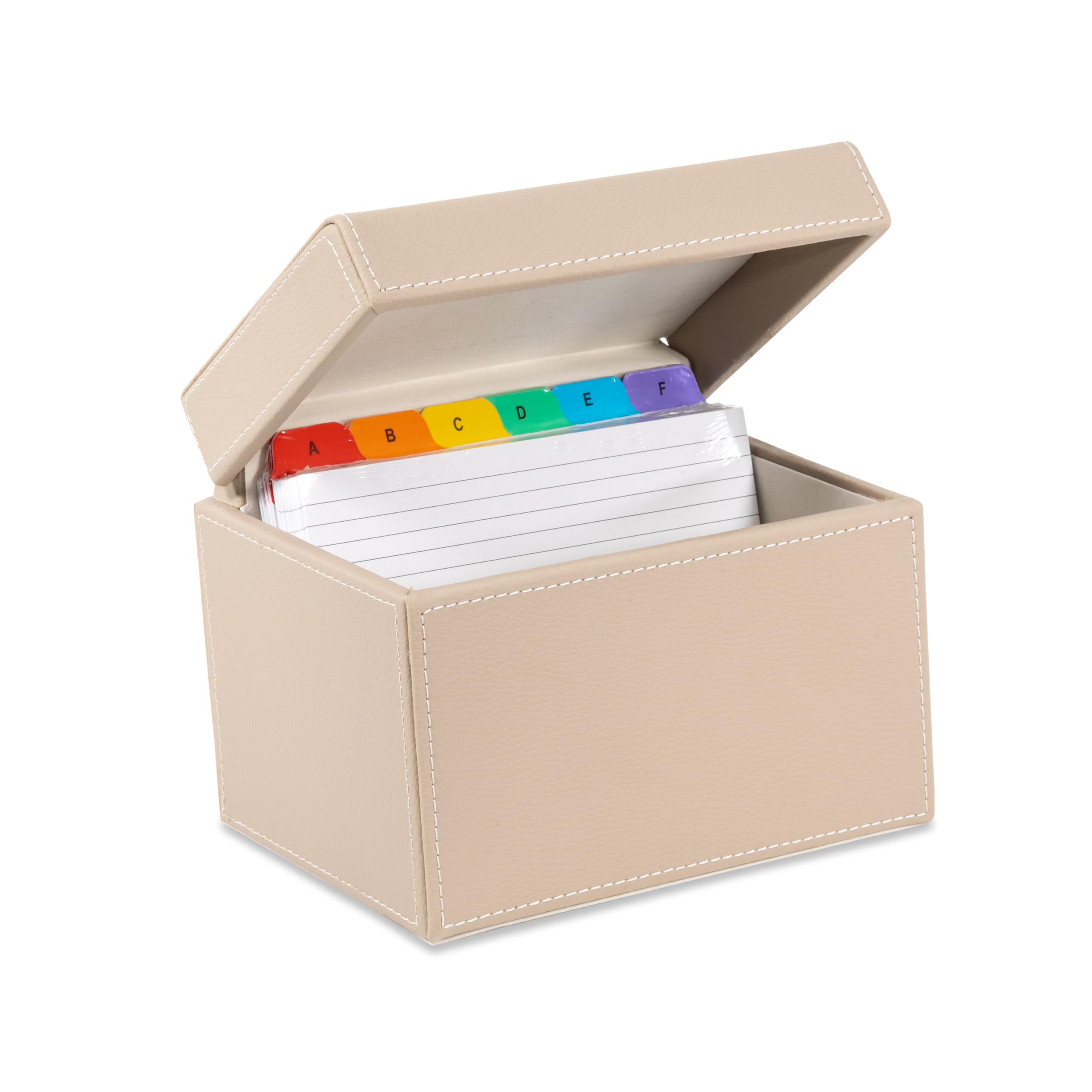 OSCO Light Taupe Faux Leather Index Box, A to Z Divider Tabs, 100 Lined Note Cards, Ruled Revision Flash Card, Recipe Notes, Office Contacts, Desktop Organiser, Holds 6" × 4" Cards (148 × 105 mm)