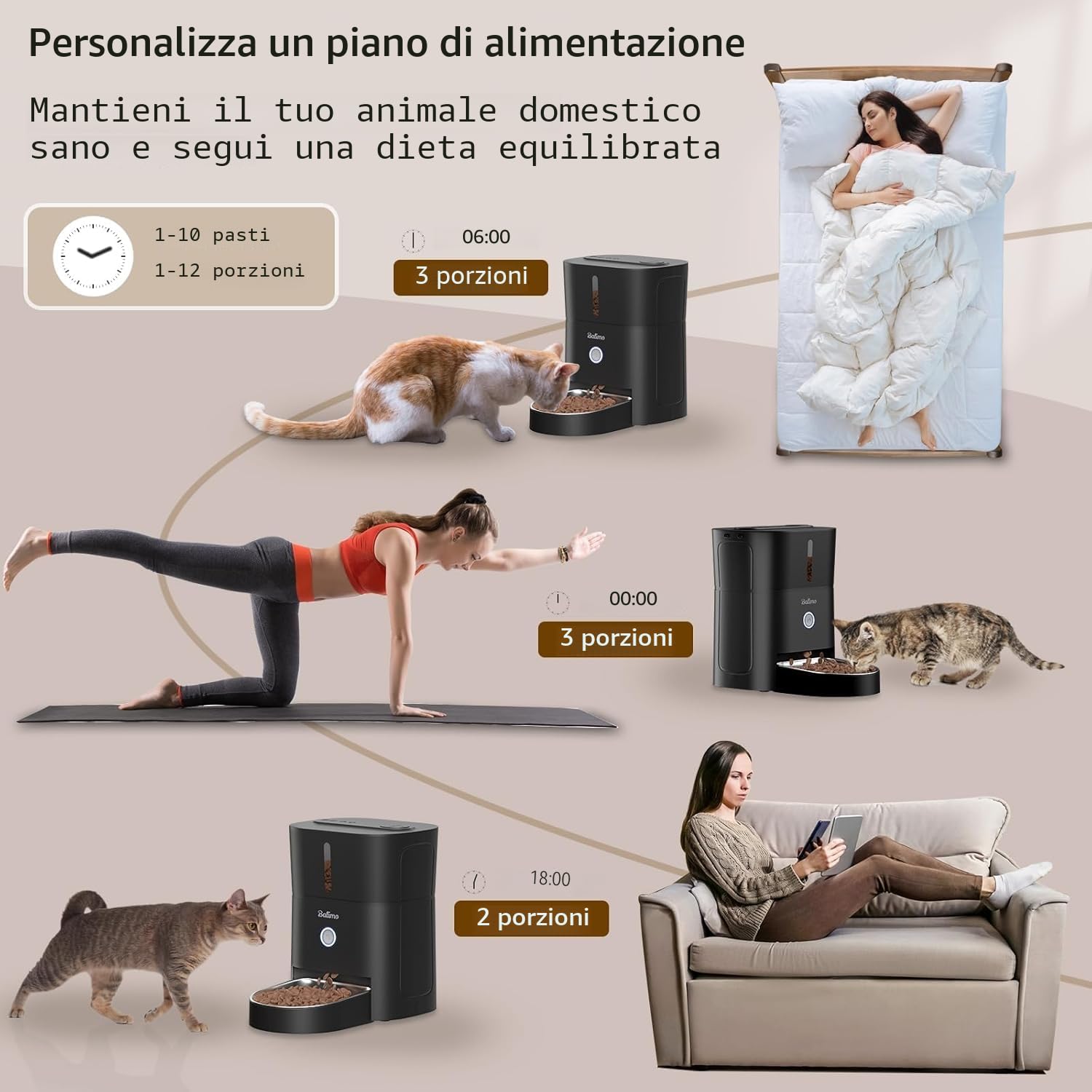 Balimo Distributore Automatico Cibo Gatti, 2.4G WiFi Dispenser Crocchette Gatto, 3L Distributore Automatico Cibo Cani, 10 Pasti al Giorno, Ciotola in Acciaio Inossidabile 304, Adatto Per Cani e Gatti